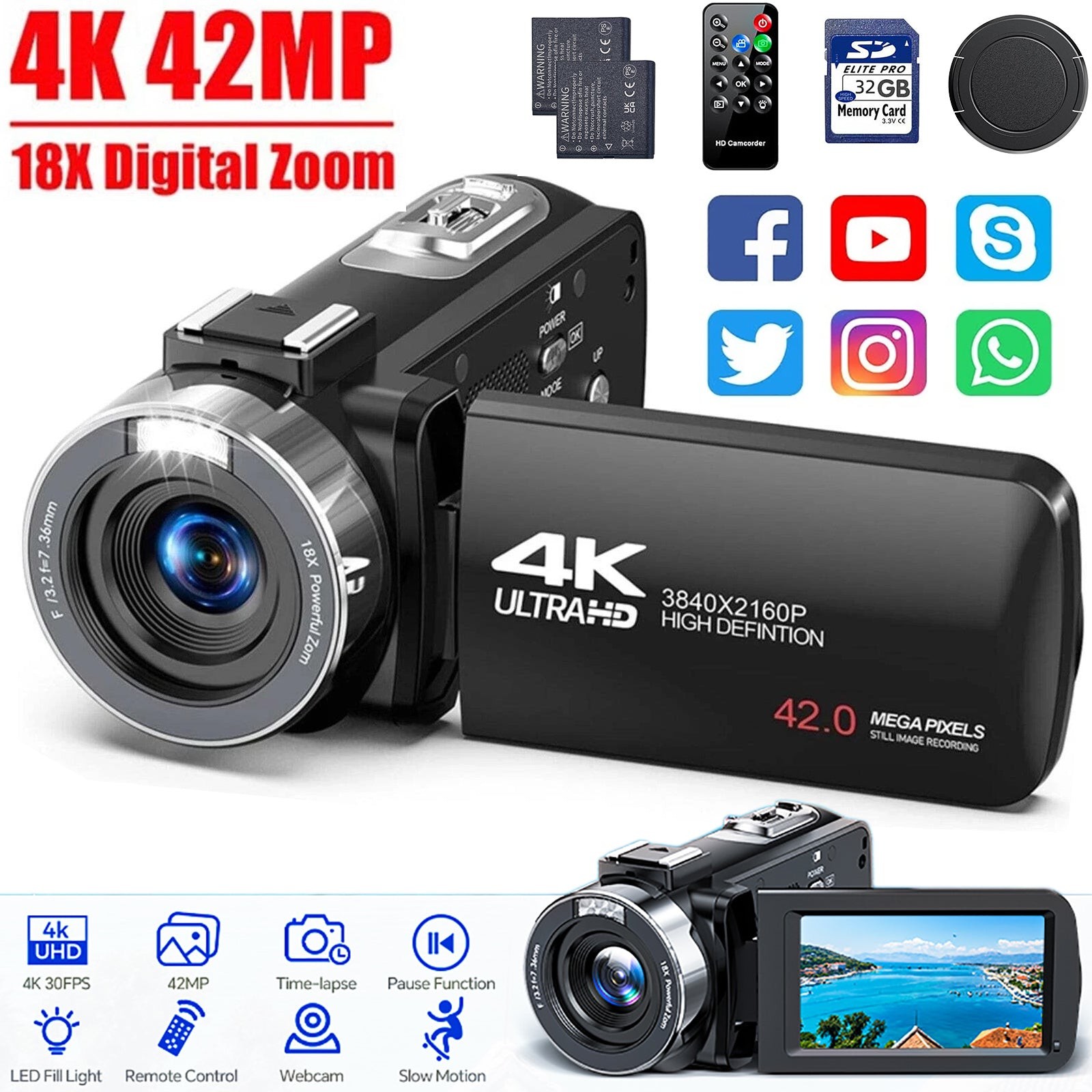 Video Camera Camcorder 4K uhd 42MP 3"Screen 18X Zoom Digital Camera  for YouTube
