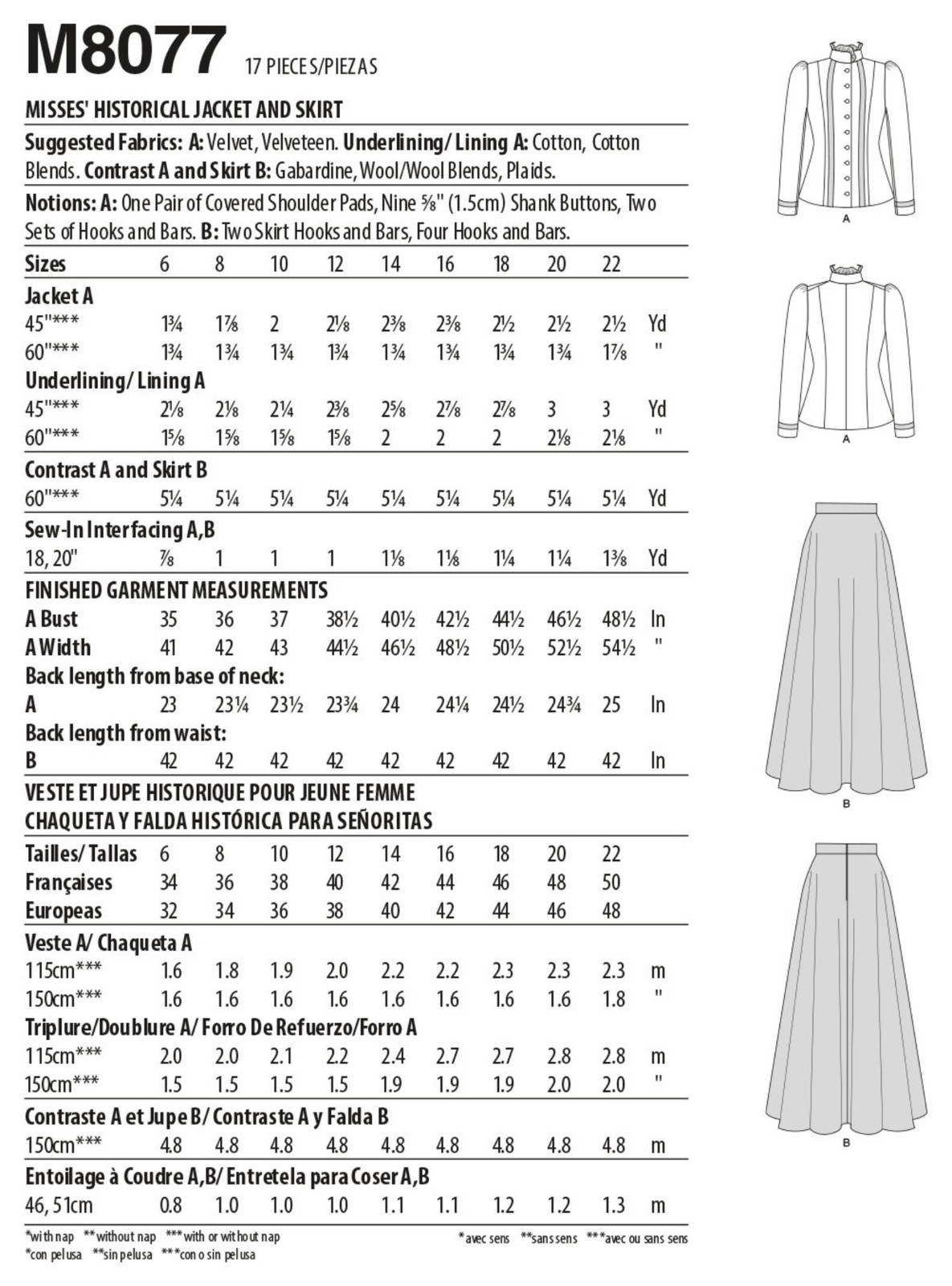 McCalls Sewing Pattern M8077 Misses' Historical Jacket & Skirt