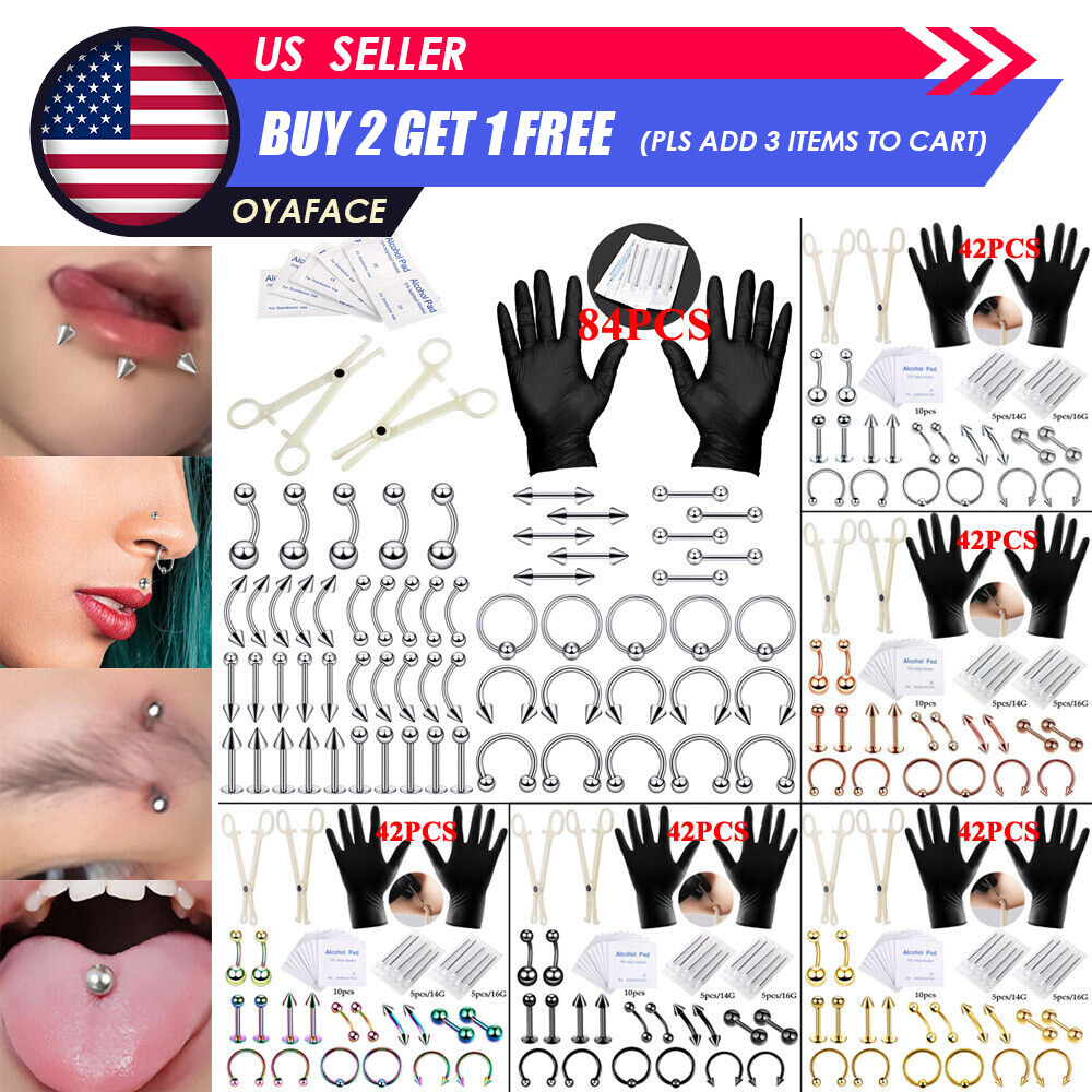 84Pcs Ear Lip Tongue Nose Navel Nipple Rings Body Piercing Tool Kit Professional