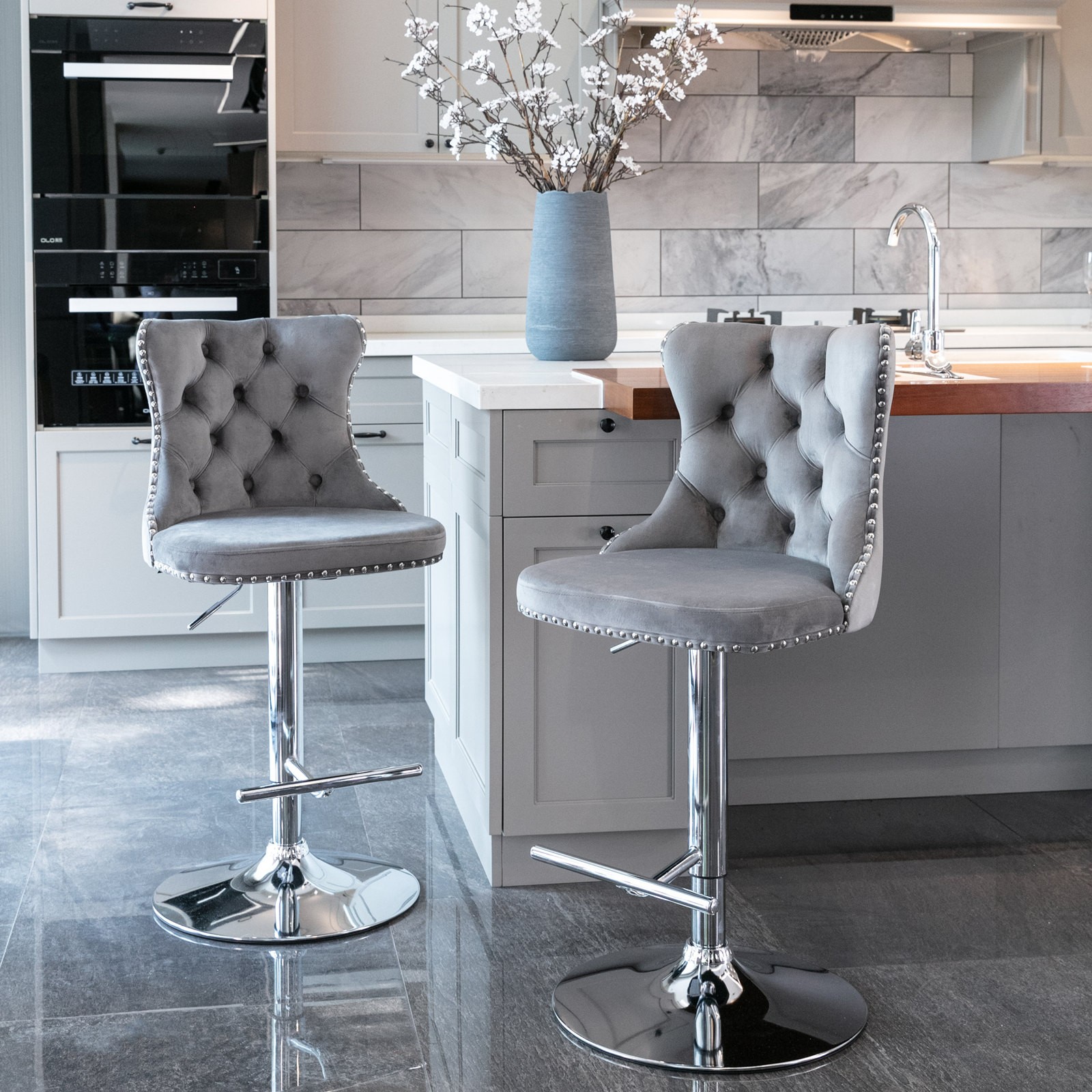 Set of 2 Modern Upholstered Bar Stool Swivel Velvet Barstools w/Adjusatble Seat