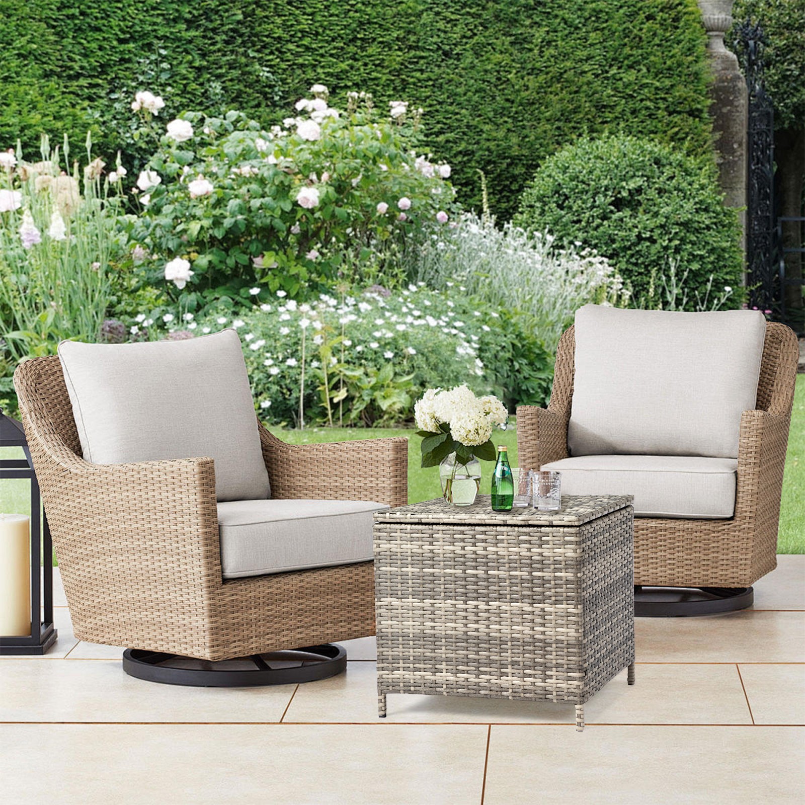 Outdoor PE Wicker Side Table with Storage, Patio Rattan End Table Square, Grey
