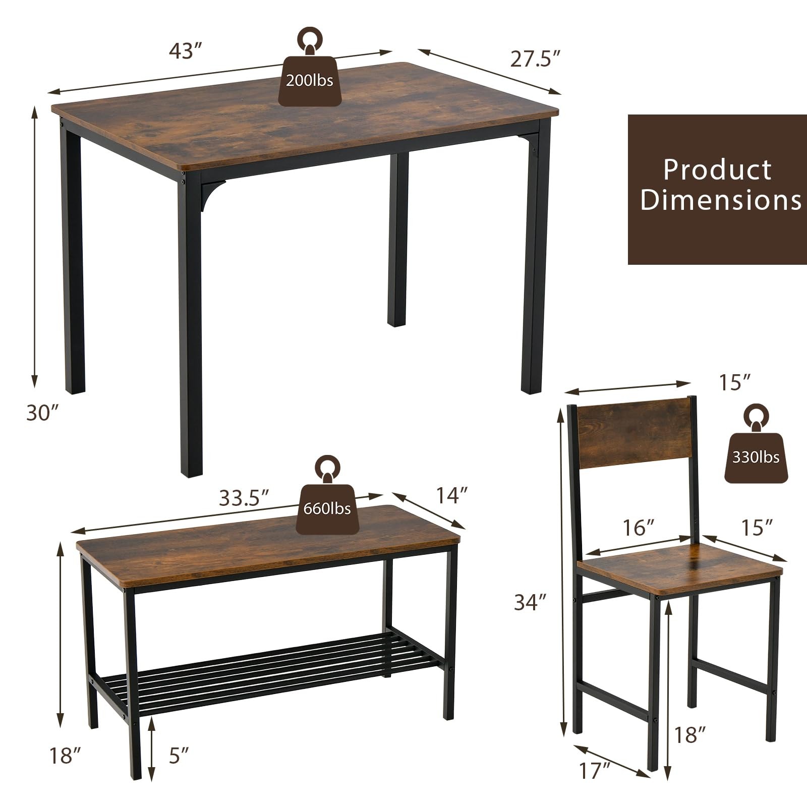 Dining Table Set for 4 Modern Industrial Kitchen Table with Bench Chairs