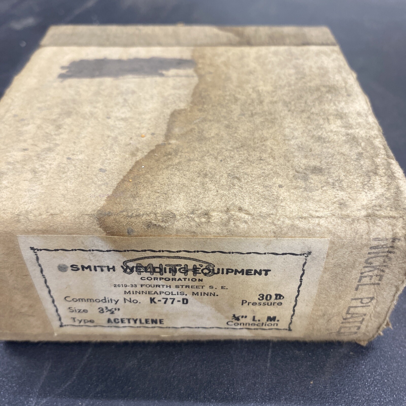 Vintage NOS K-77-D Acetylene Gauge Smith Welding Equipment 3 1/2” 30lb Nickel