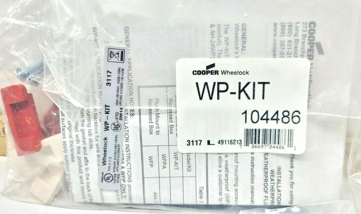 NEW COOPER WHEELOCK WATERPROOF KIT FOR AUDIBLE/VISUAL APPLIANCES WP-KIT 104486