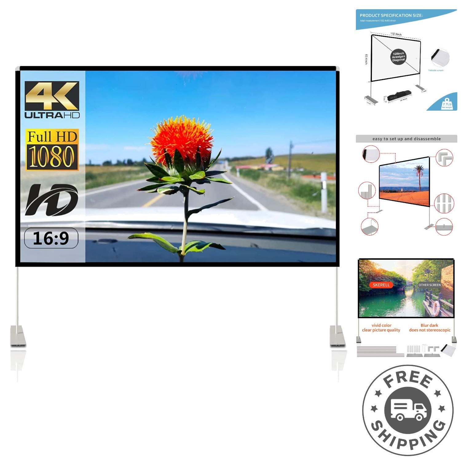Lightweight 120-Inch Projection Screen - 160° Viewing Angle for Ultimate Cinema