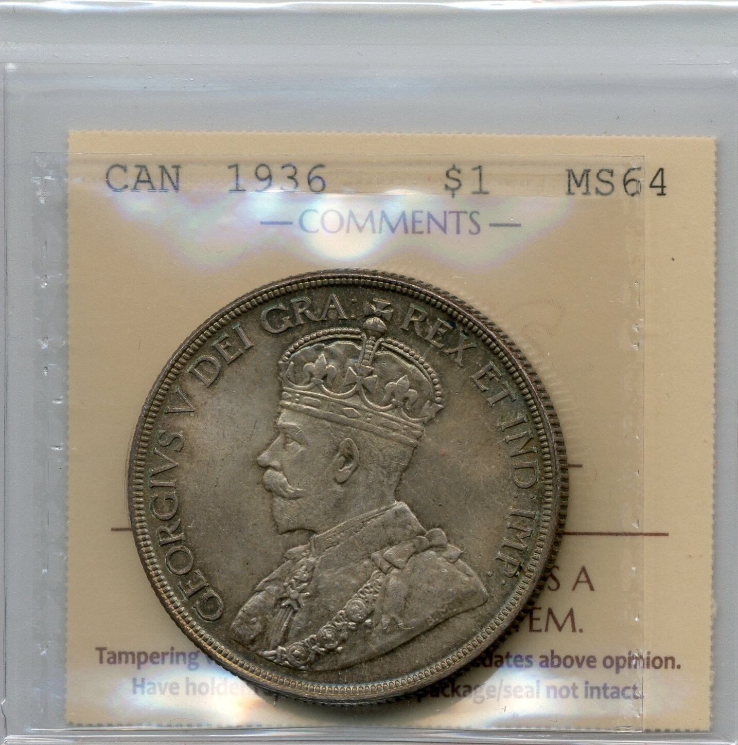 1936 Canadian Silver Dollar - Choice Uncirculated, ICCS  MS 64