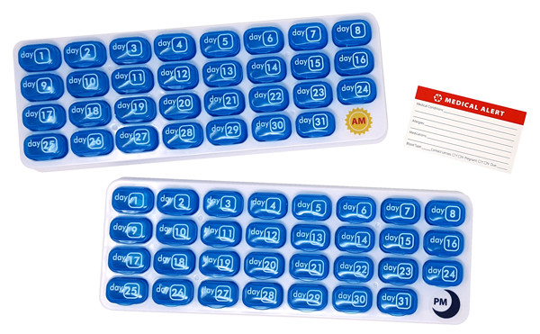 AM/PM 31-Day Monthly Pill Organizer Pods with Tray and Bonus Medical Alert Card