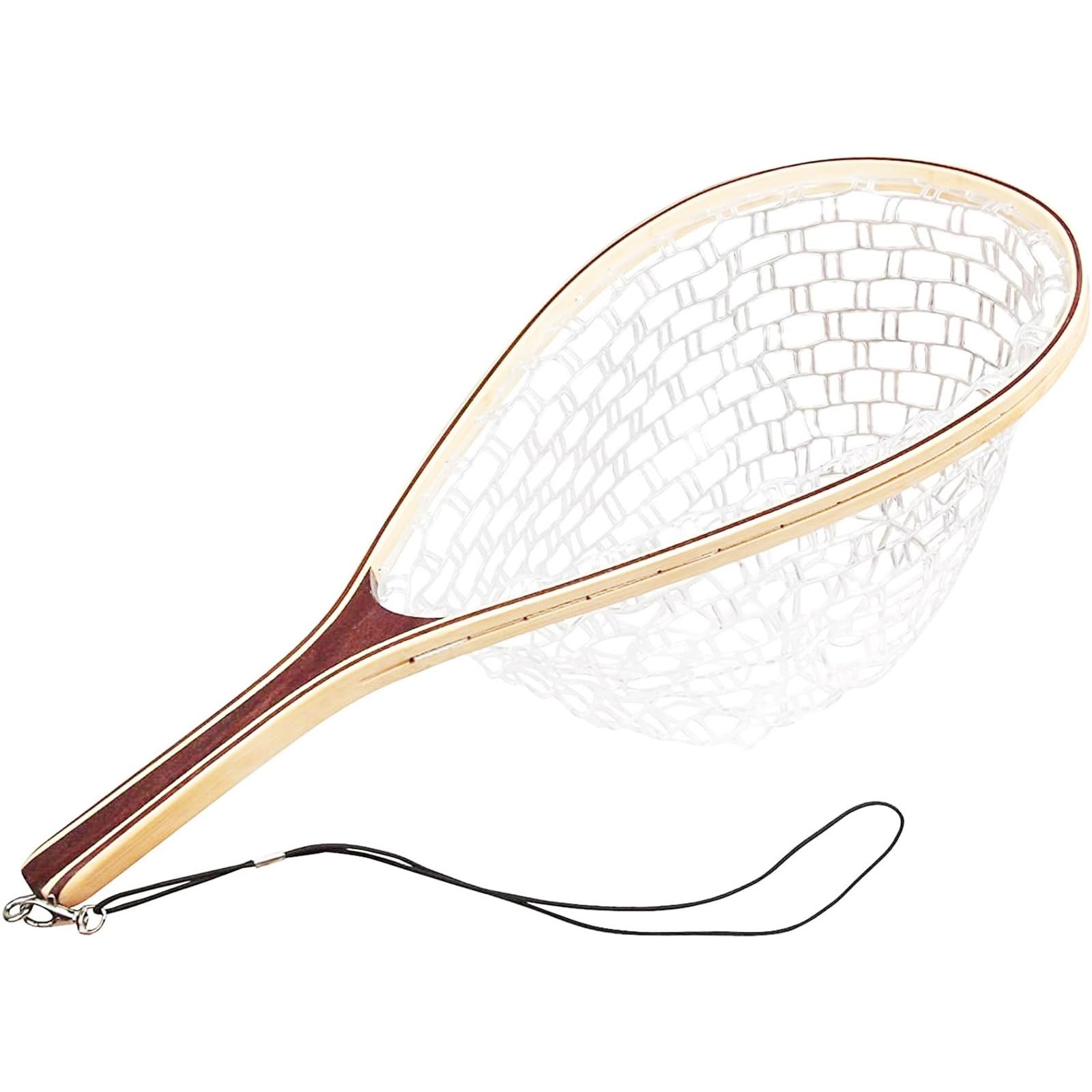 Fly Fishing Landing Net w/ Wooden Handle Knotless Rubber Mesh for Trout Bass