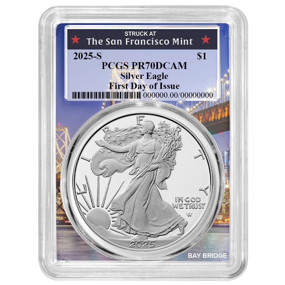 2025-S Proof $1 American Silver Eagle PCGS PR70DCAM FDOI Bay Bridge Frame