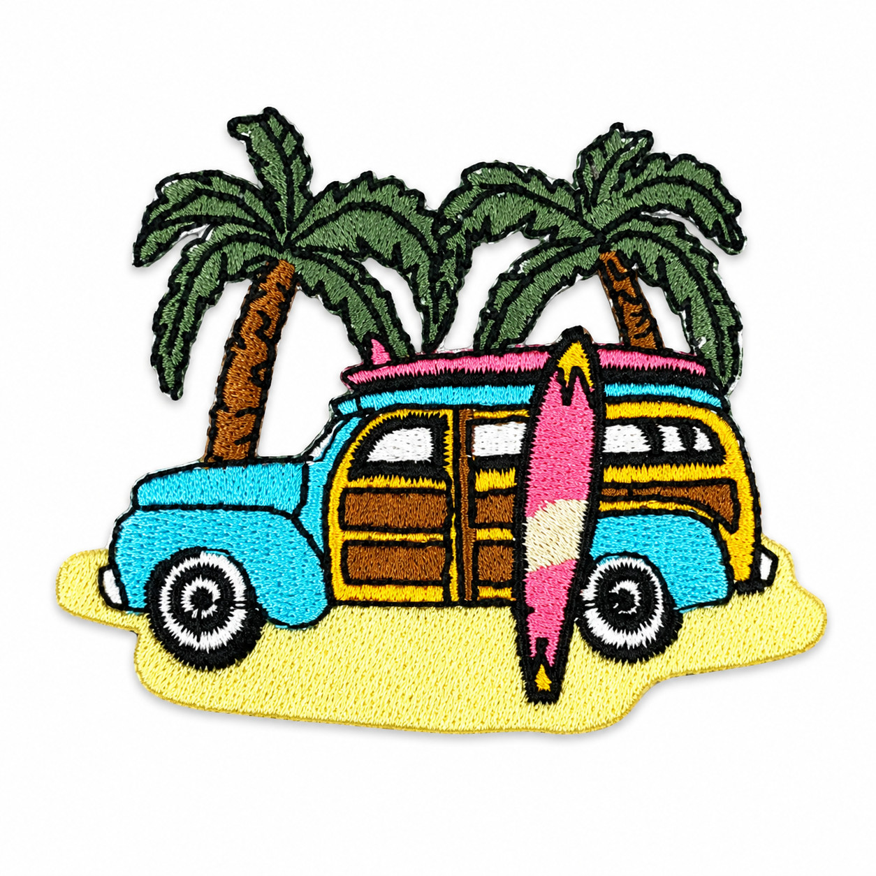 Surfer Woody Car with Palm Trees Iron On Patch 2.75x2in Embroidered Beach Retro