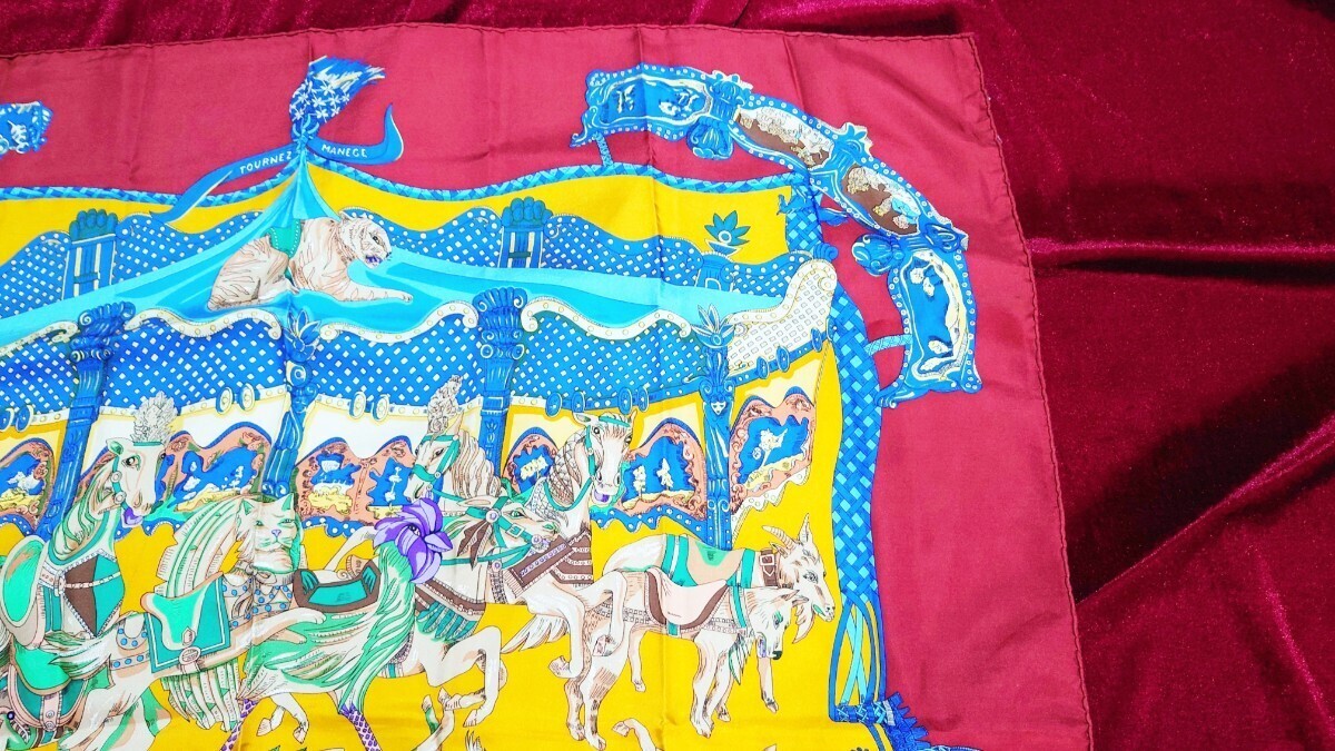 HERMES Scarf 90 TOURNEZ MANEGE Dark Red Merry Go Round Horse