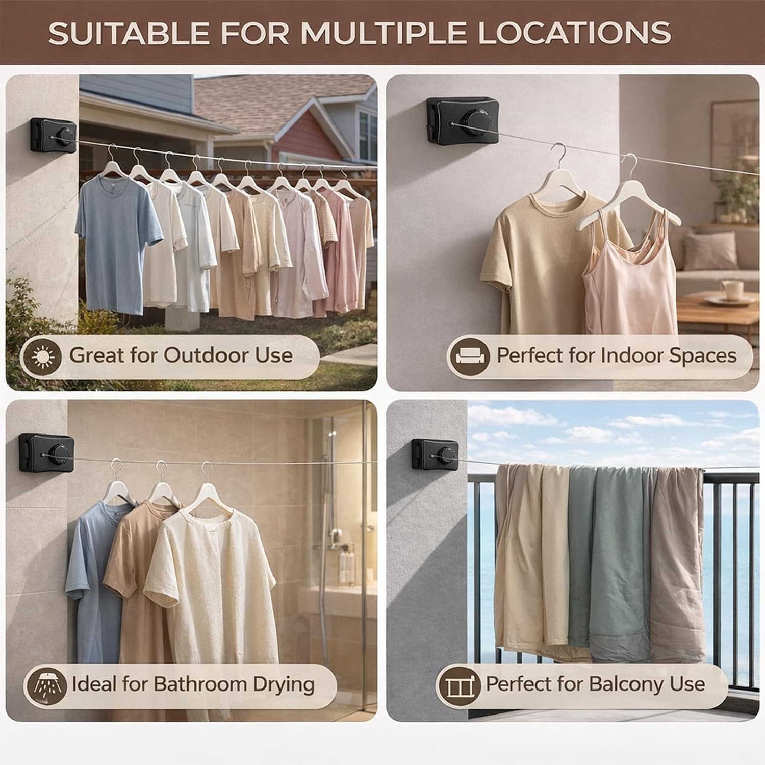 Retractable Heavy Duty Laundry Line 16.7ft Indoor Outdoor Use