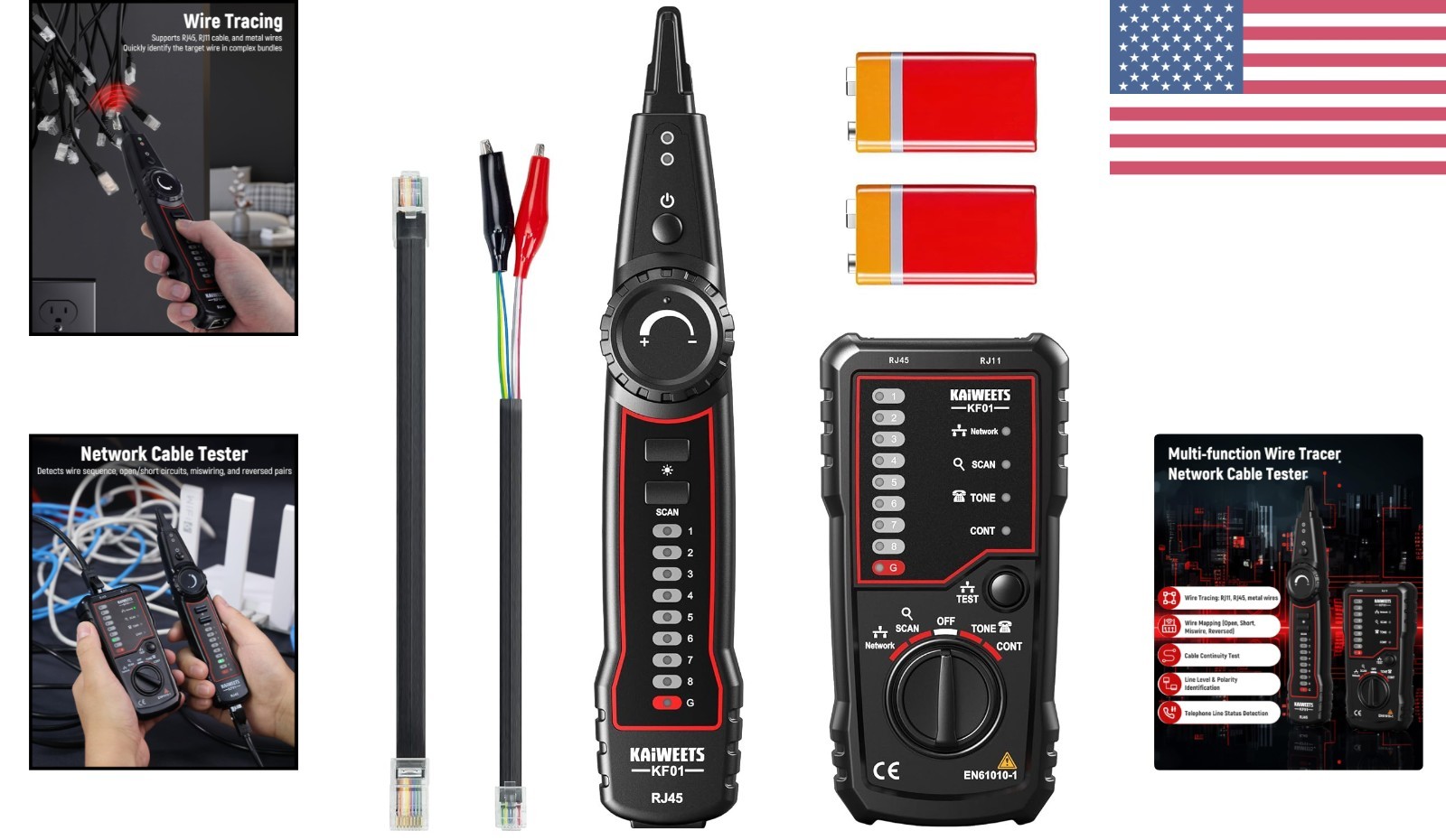 All-in-One Cable Tracer Kit with Tone Generator & LED Flashlight for Technicians