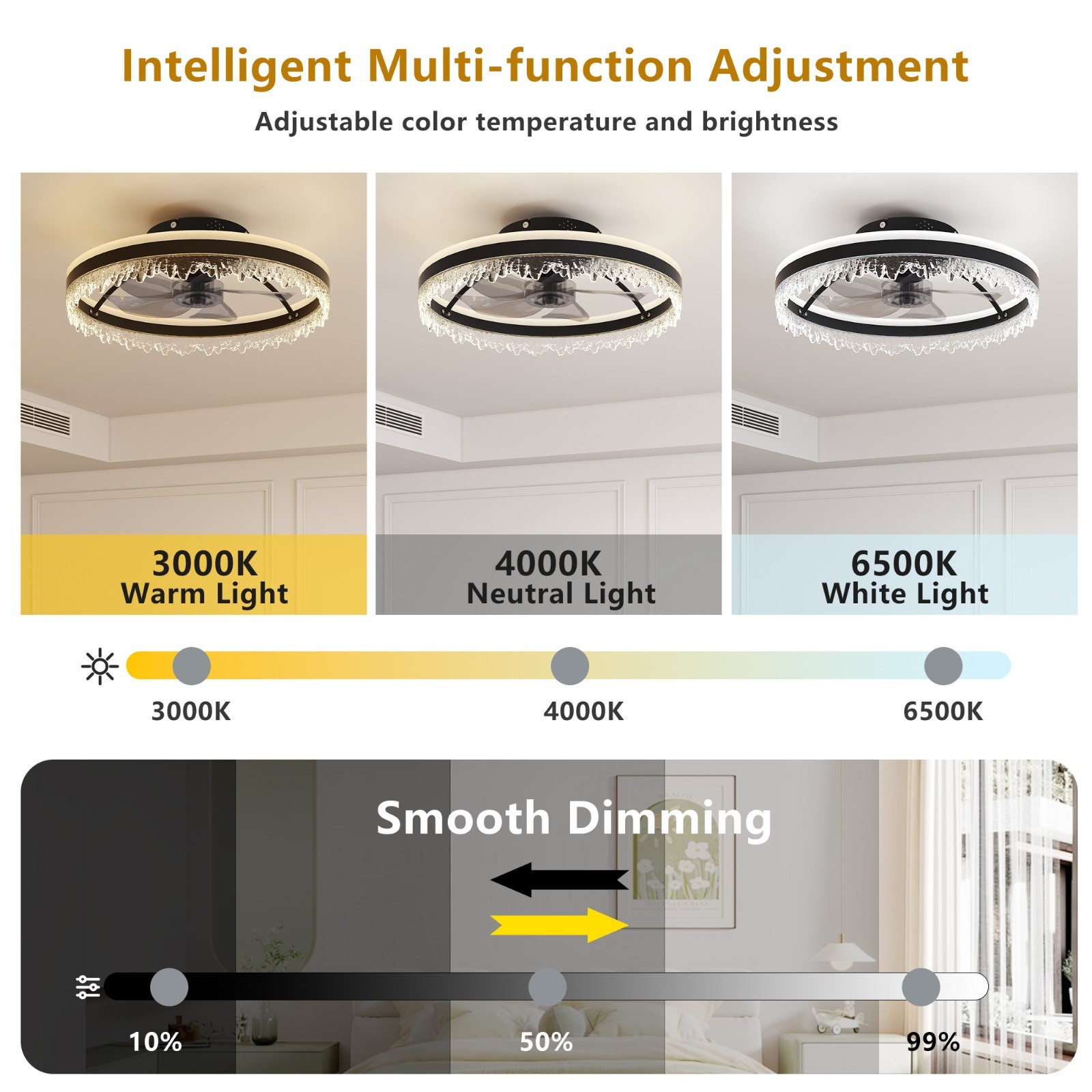 20" Smart Black Ceiling Fan Light – Silent, Reversible for Bedroom