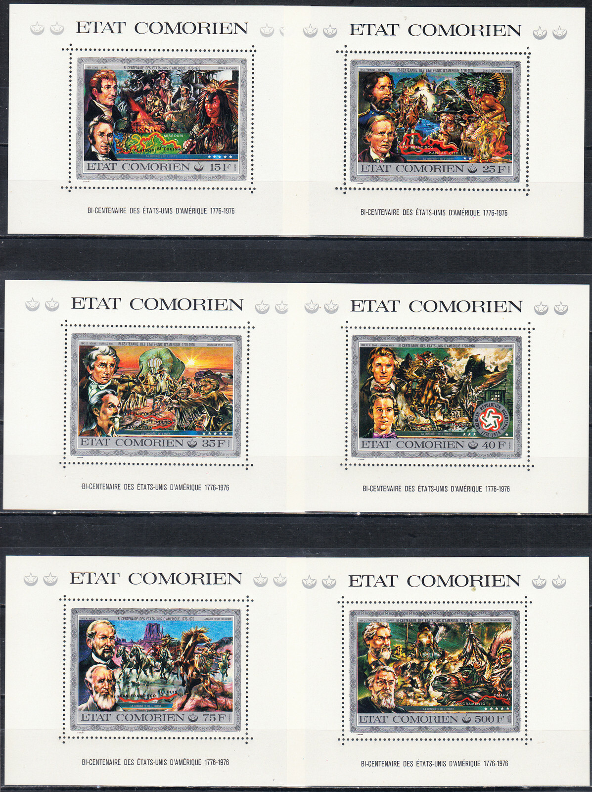 W COMORO 0165-170 DL USA BICENTENARY PAINTINGS DE LUXE SOUVENIR SHEETS