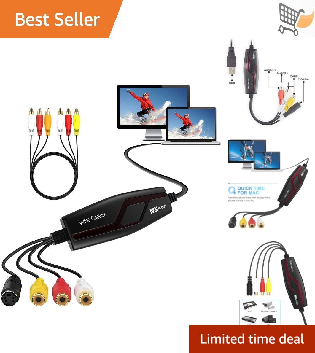 VHS to Digital Converter RCA USB Video Capture Card for PC Mac VCR Camcorder