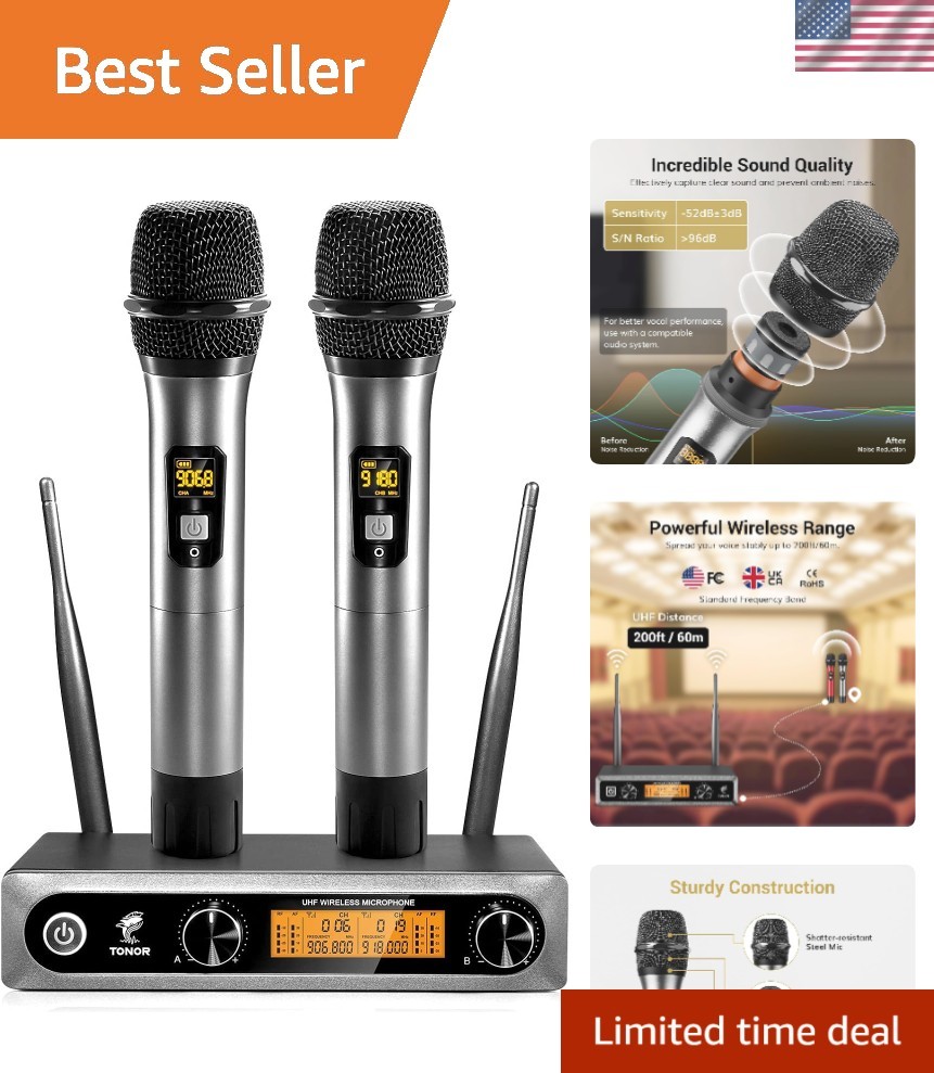 Professional UHF Wireless Microphone System - 2 Dynamic Mics, 60m Range, Silver