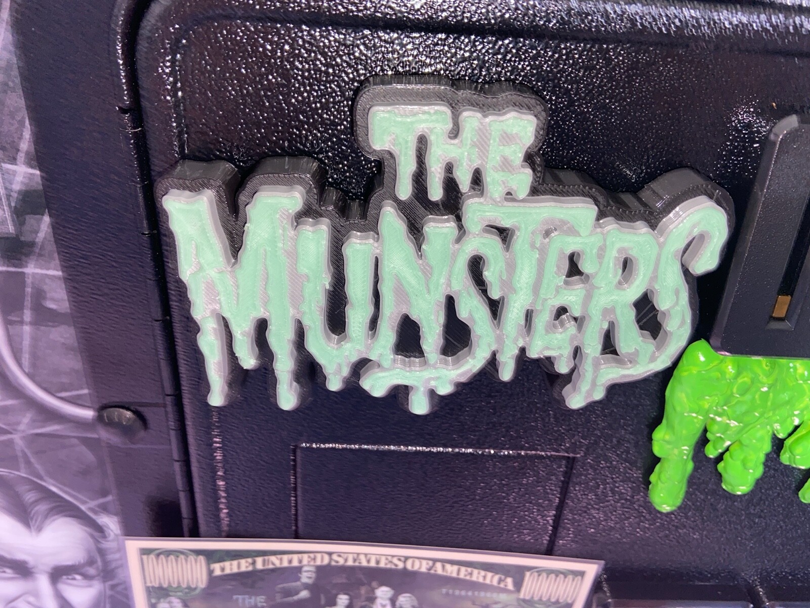 The Munsters Pinball Mod Coin Door Logo Black base w Gray & Glow lettering