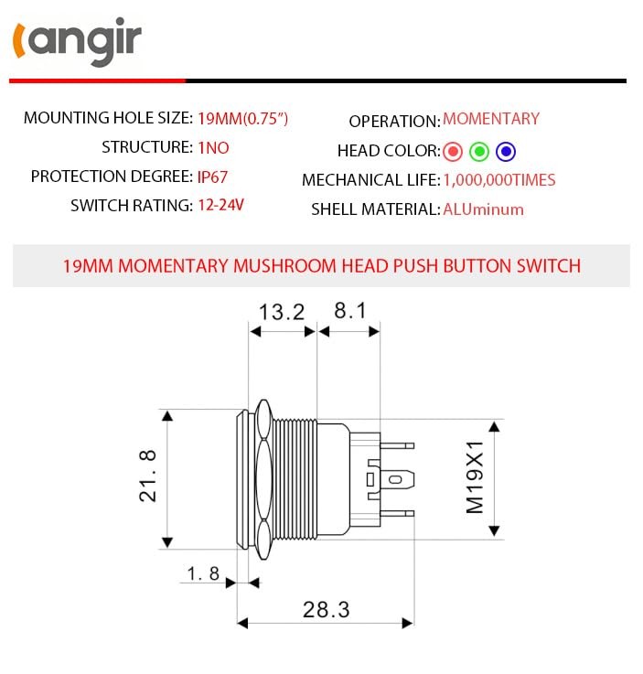 15Amp momentary Push Button Switch，(0.75") 12V-24V Push Button 19mm green