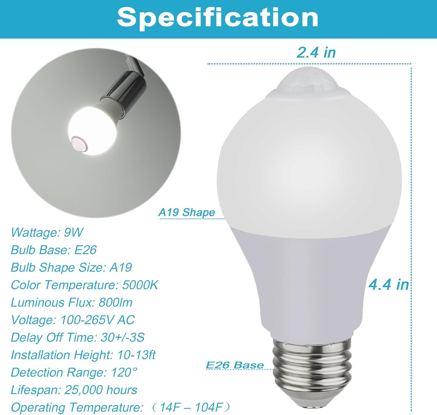Motion Sensor Light Bulbs Indoor, 5000K Daylight 9W (60W Equivalent) 800Lm A19 E