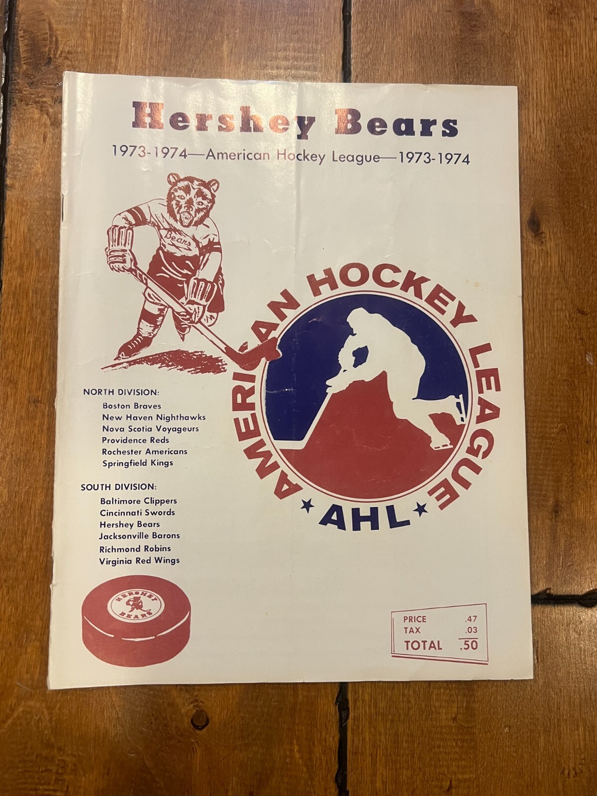 1973-1974 AMERICAN HOCKEY LEAGUE HERSHEY BEARS BOSTON BRAVES PROGRAM