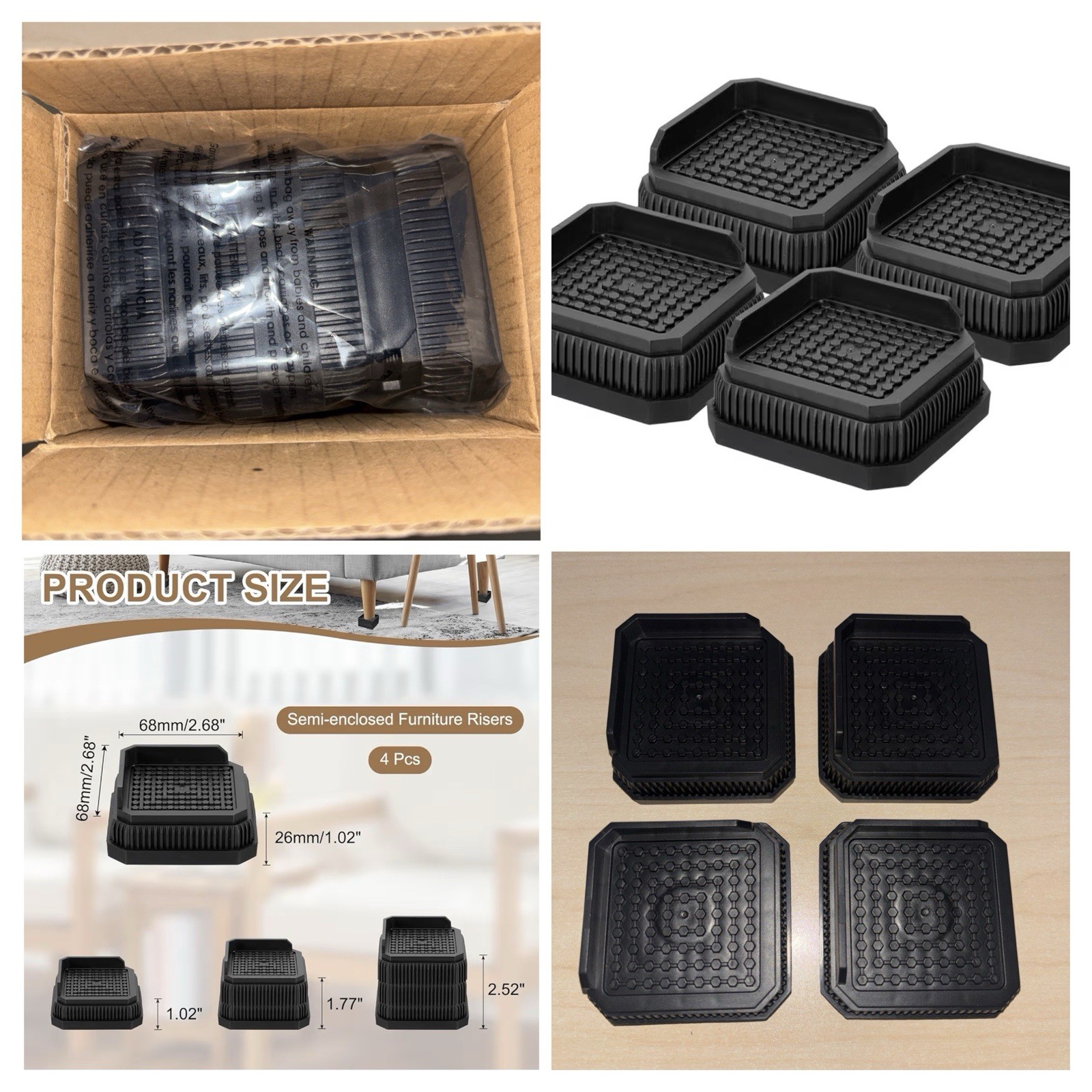 Bed Risers, Square Heavy Duty Stackable Lift Block to 1 Inch, Black