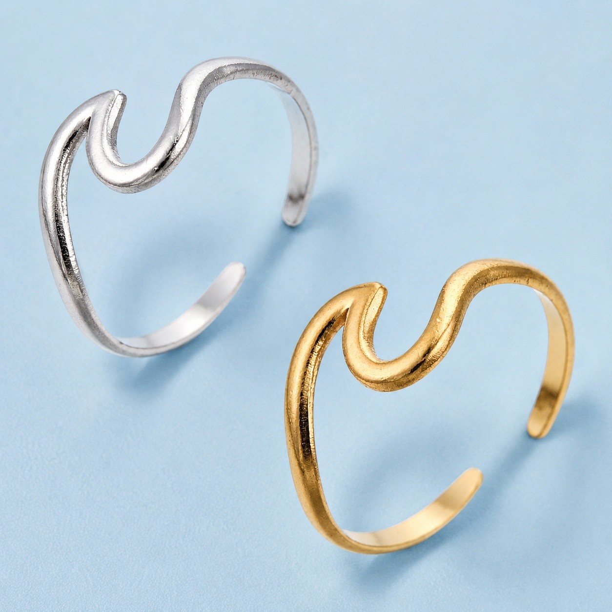 Cuff Ring Stainless Steel 18K Gold Plated Adjustable Silver Women Ocean R278