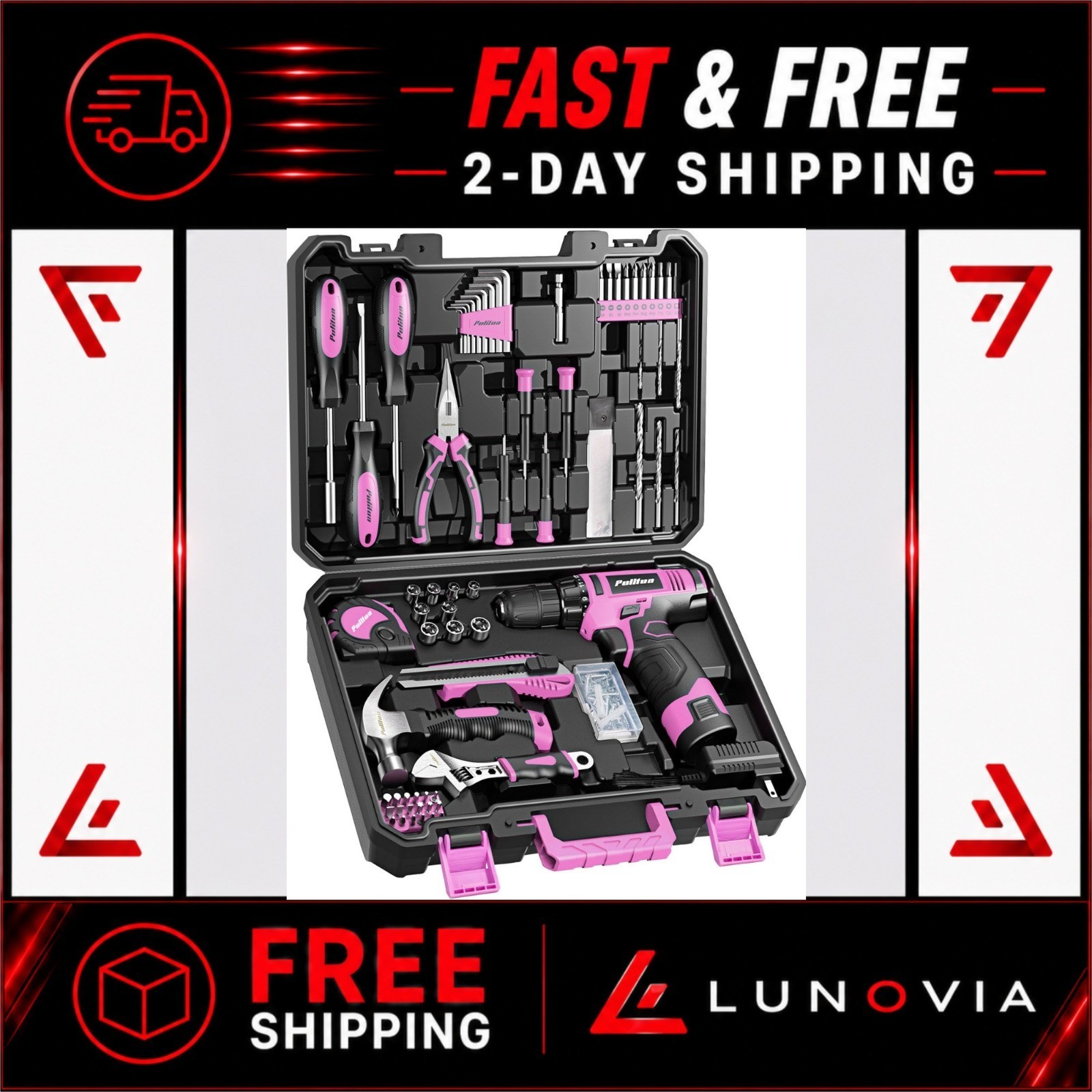 PULITUO 149-Piece Tool Set with 12V Pink Cordless Drill for Home Improvement
