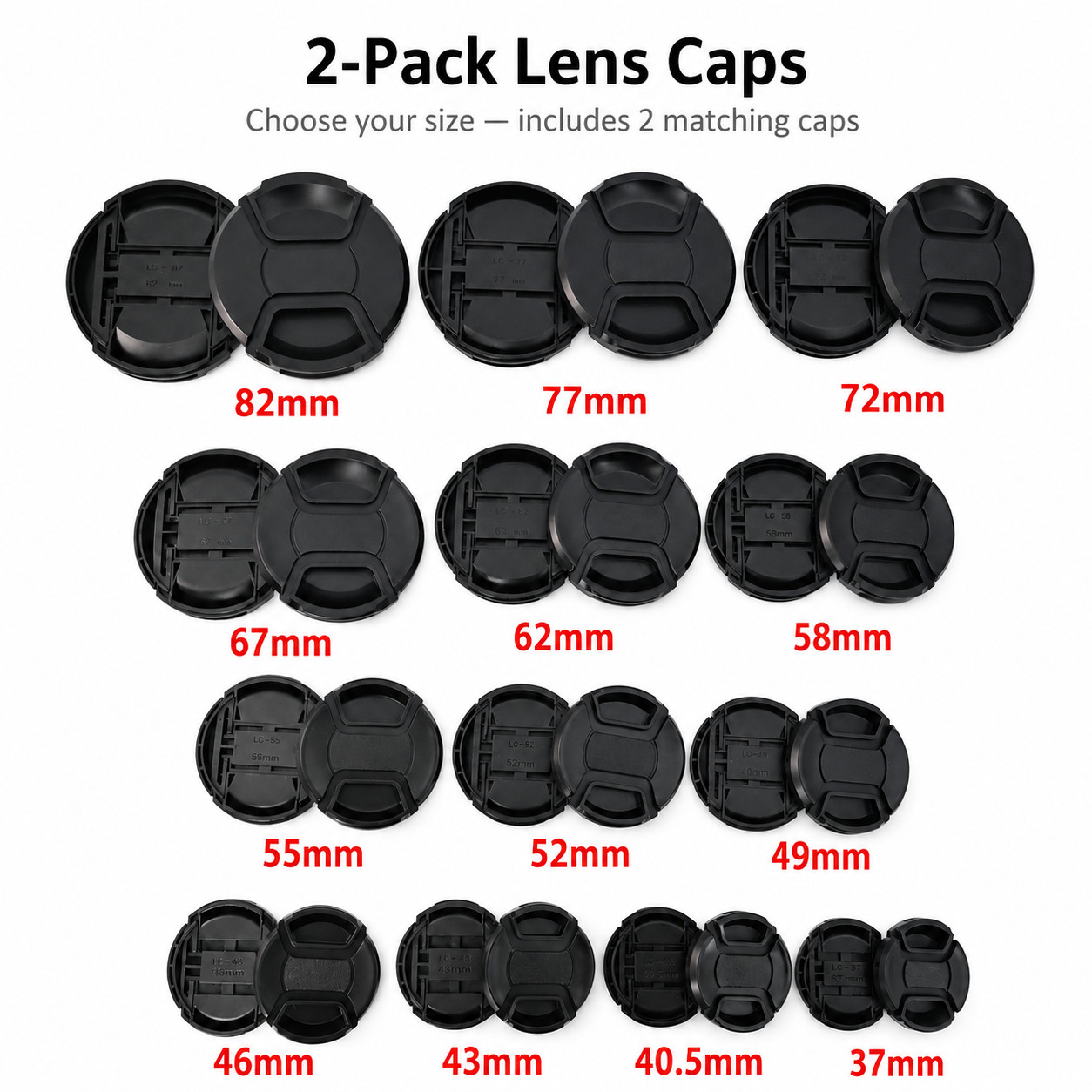 37 40.5 43 46 49 52 55 58 62 67 72 77 82mm Front Lens Cap Center Pinch Snap On