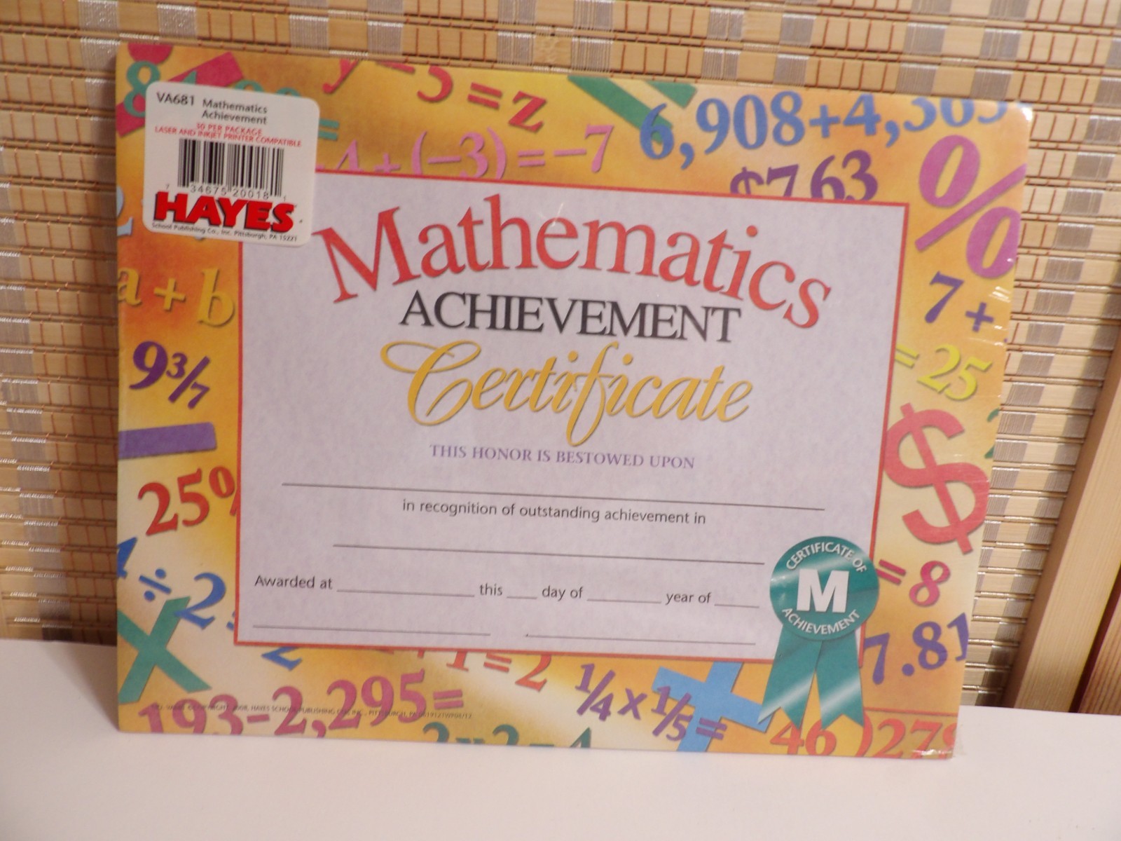 Hayes Mathematics Achievement Certificate 8.5" x 11" Pack of 30 (H-VA681)