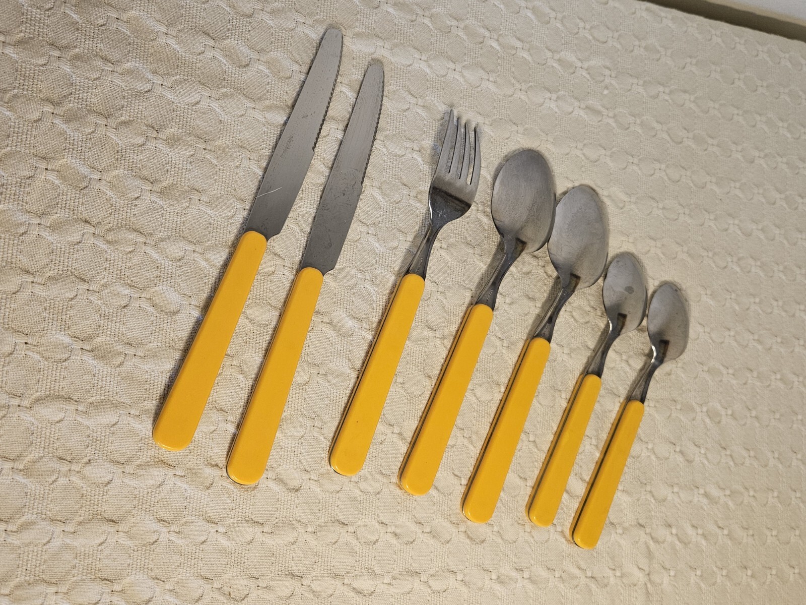 7pc Lot Yellow Plastic Handle Flatware, Knives Fork Spoons Thailand Unbranded