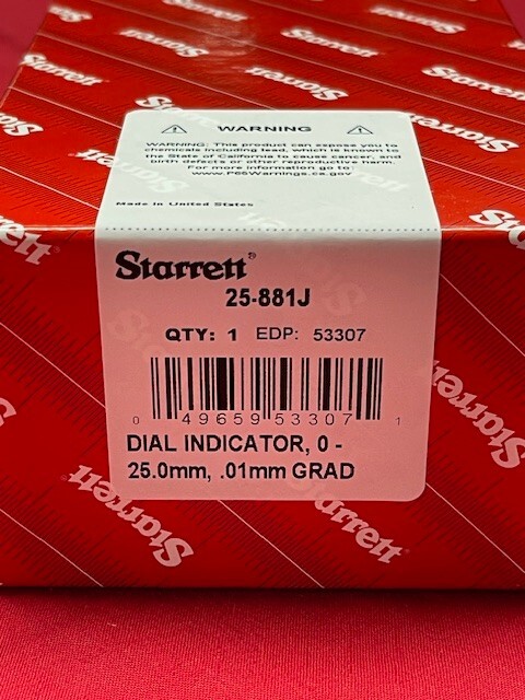 Starrett 25-881J Dial Indicator 0-25.0mm Range, 0-100 Continuous Dial IN STOCK