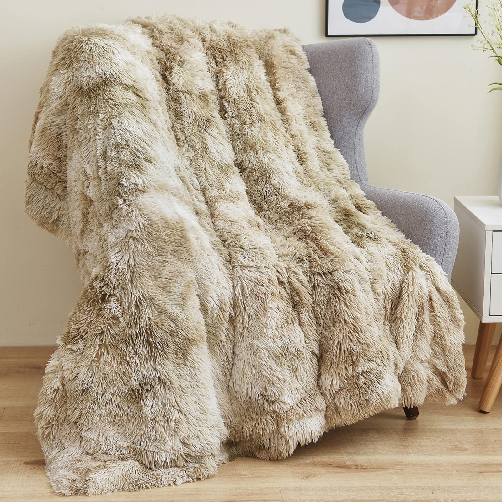 GONAAP Fuzzy Faux Fur Throw Blanket Tiedye Beige Super Soft Cozy Plush Fuzzy ...