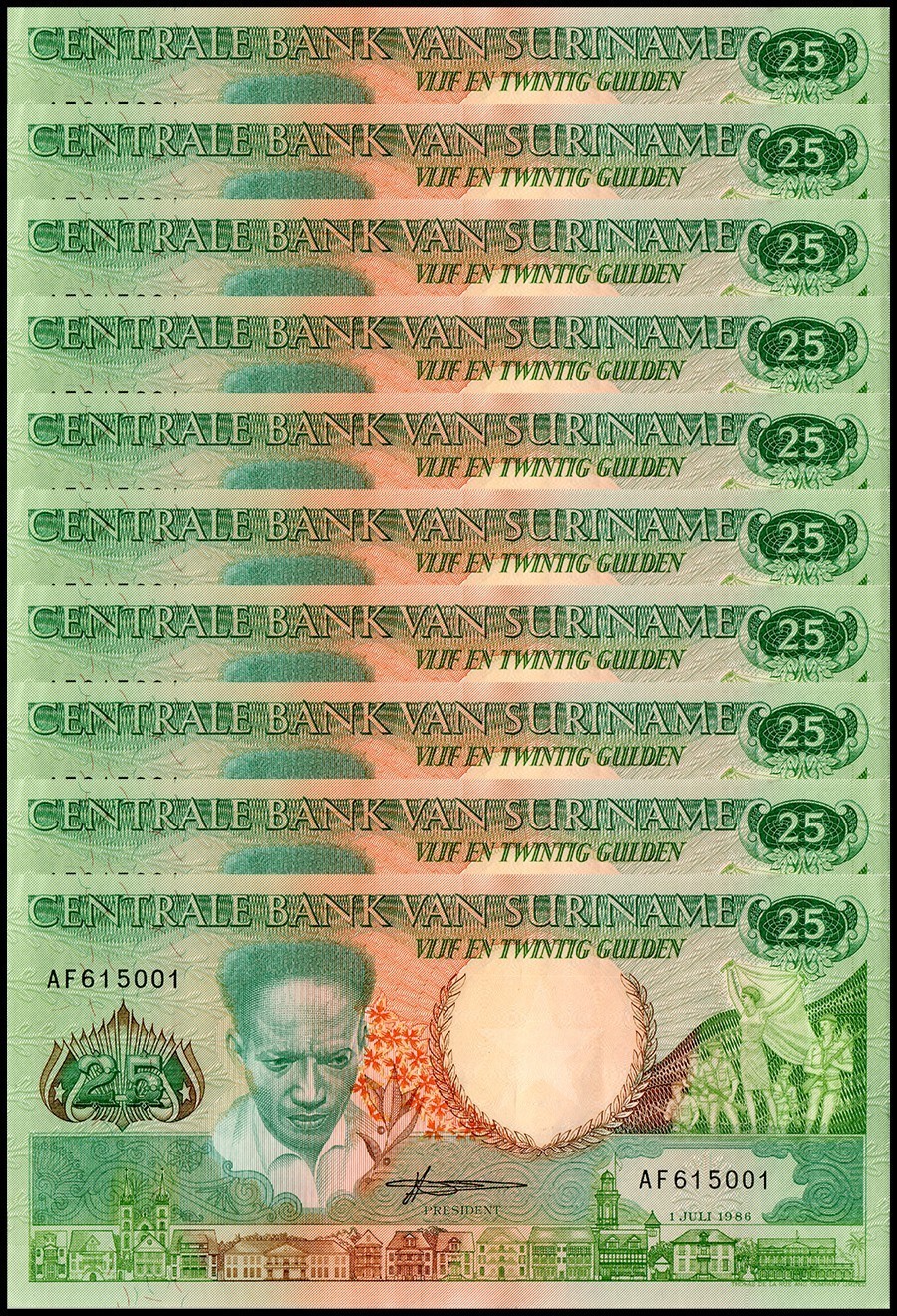 Suriname 25 Gulden, 1986, P-132a, UNC X 10 PCS
