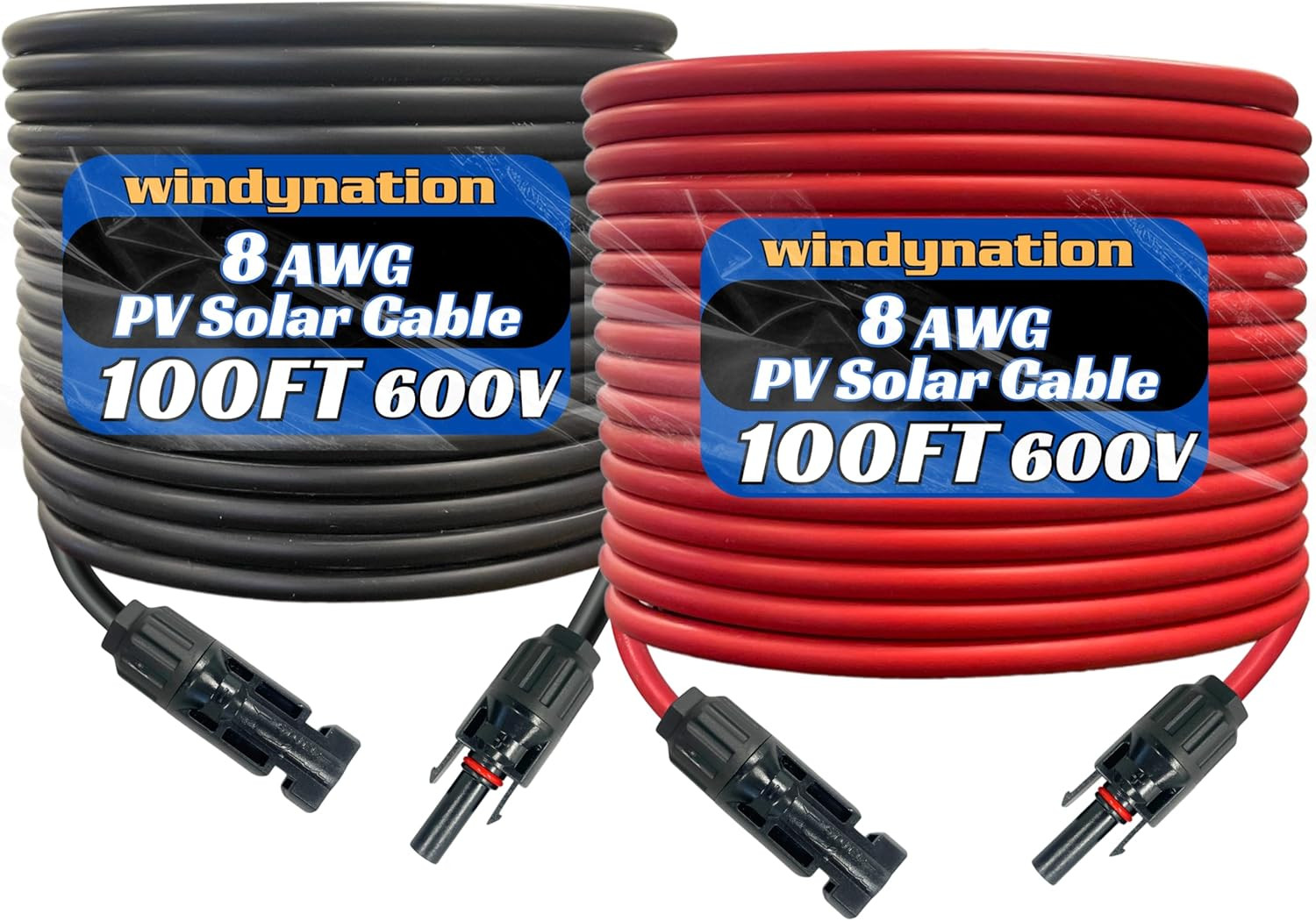 Windynation 8 AWG 8 Gauge Pair 100 Feet Black + 100 Feet Red PV Photovoltaic Sol