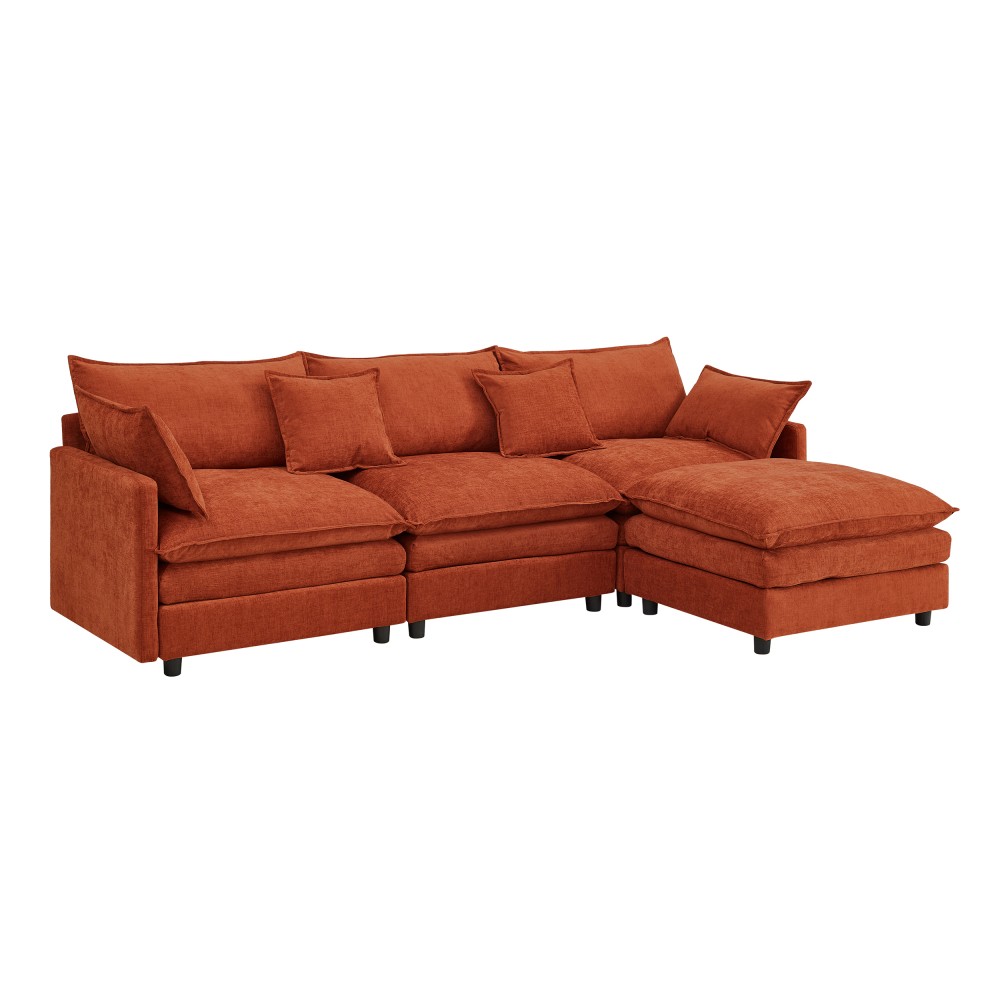 Chenille Sectional Sofa, L-Shaped 3-Seater Modular Couch w/ Ottoman, Dark Orange