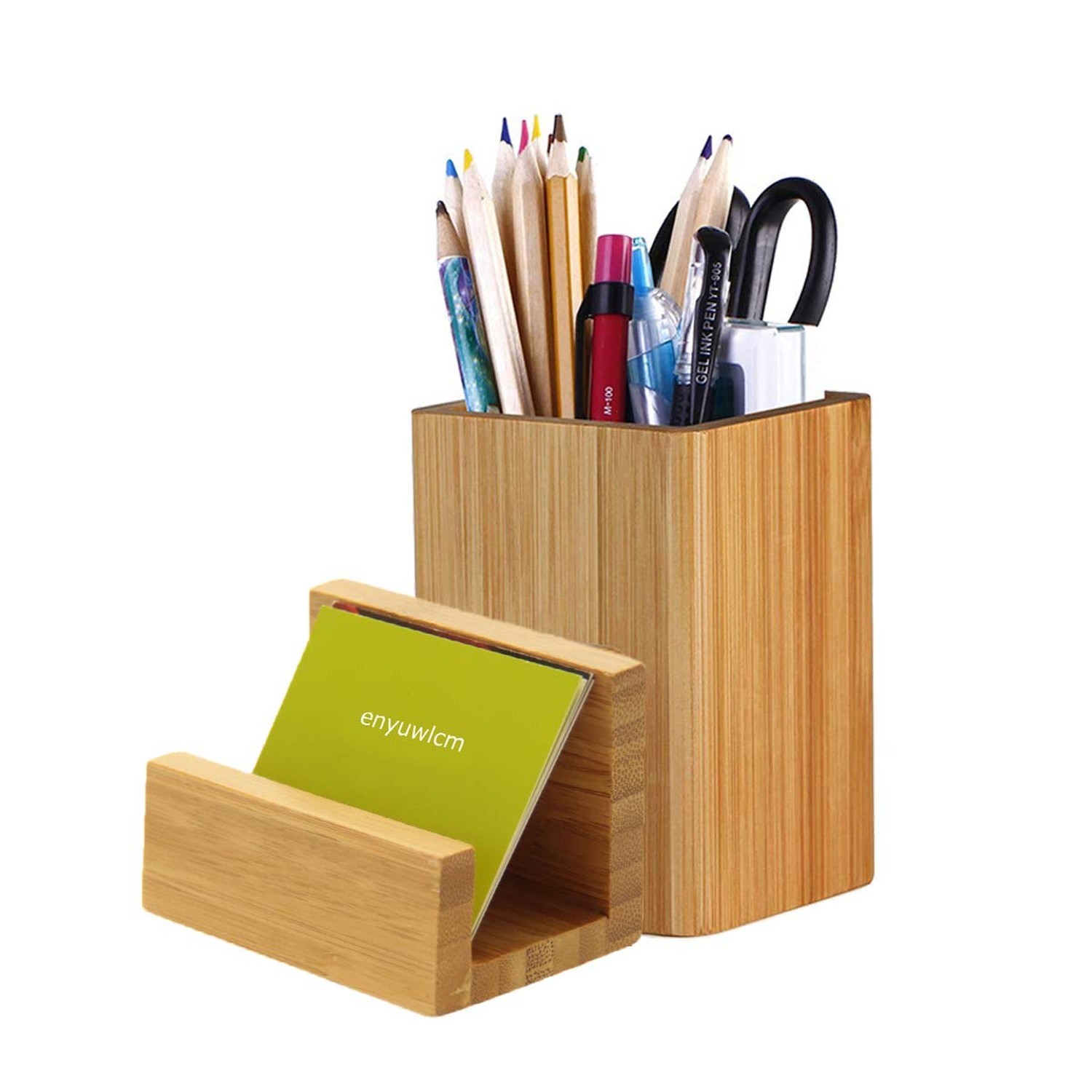 Enyuwlcm Bamboo Wooden Pen Holder Cup and Desk Business Card Holder Stand for...