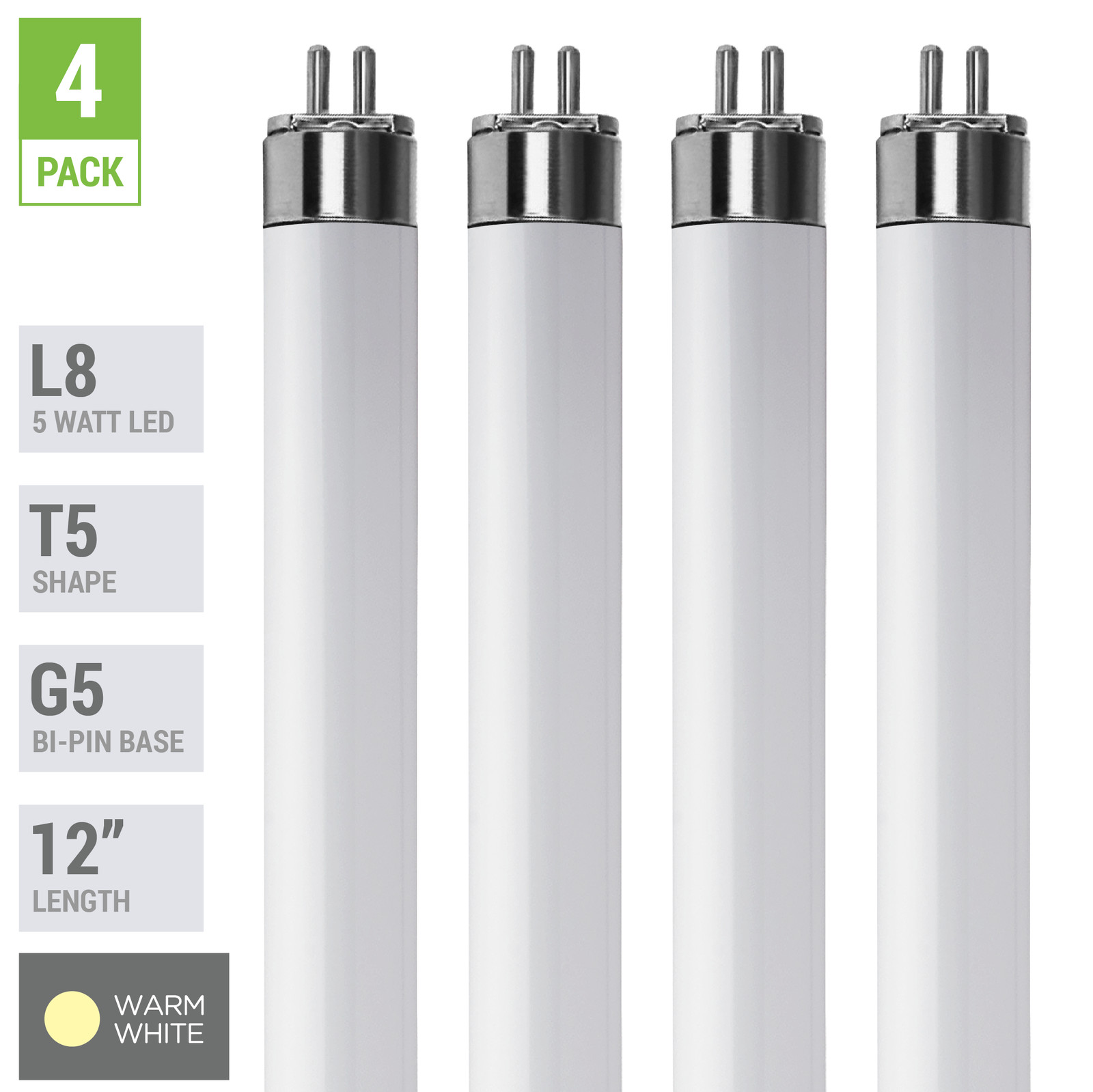 4 Pack LED Tube L8 F8T5/30K 12" INCH 5W =8W G5 Mini 2-Pin Base 3000K Warm White