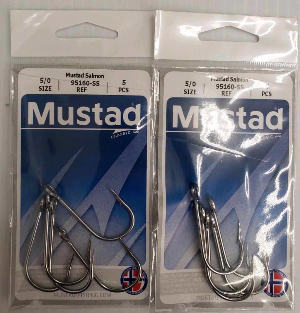 2- Mustad 95160-SS Stainless Steel 5/0,  2x5 pcs Closed Eye Siwash Hook 10 Hooks
