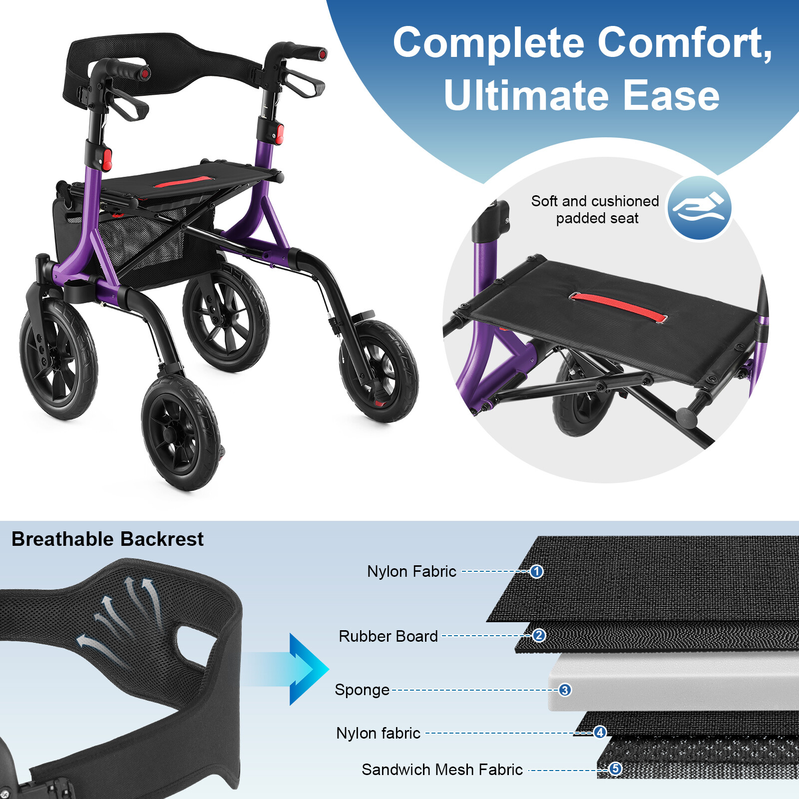 All-Terrain Rollator Walker with 12" Rubber Wheels, Seat & Backrest, Adjustable