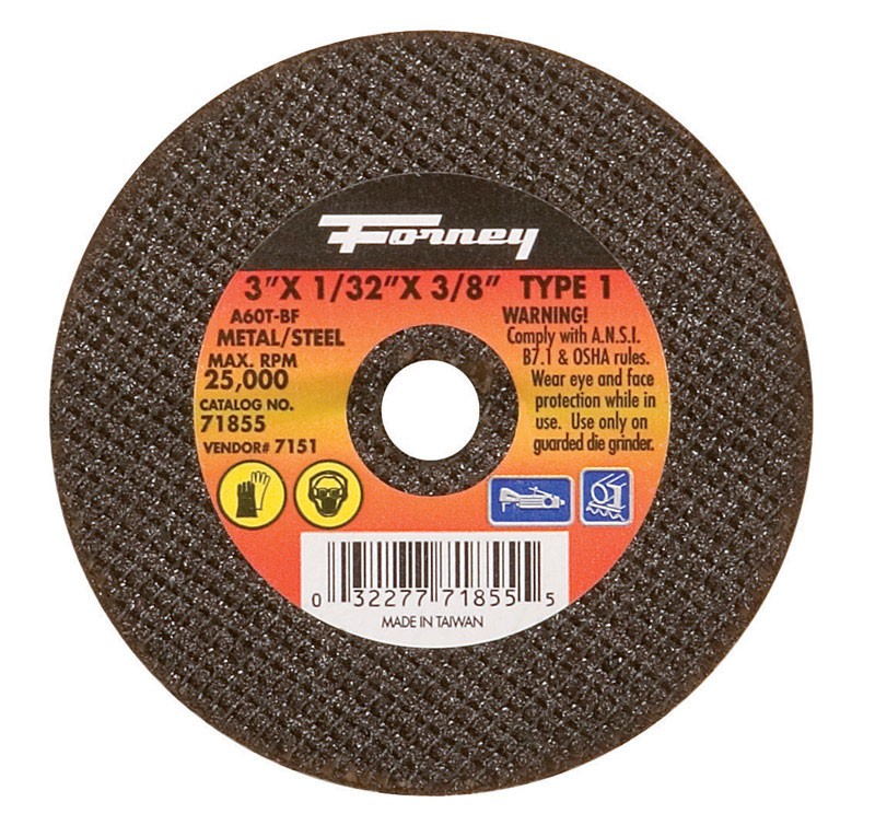 Forney 71855 Aluminum Oxide 25,465 rpm 3 Dia. in. Cut-Off Wheel 1/32 in. Thick