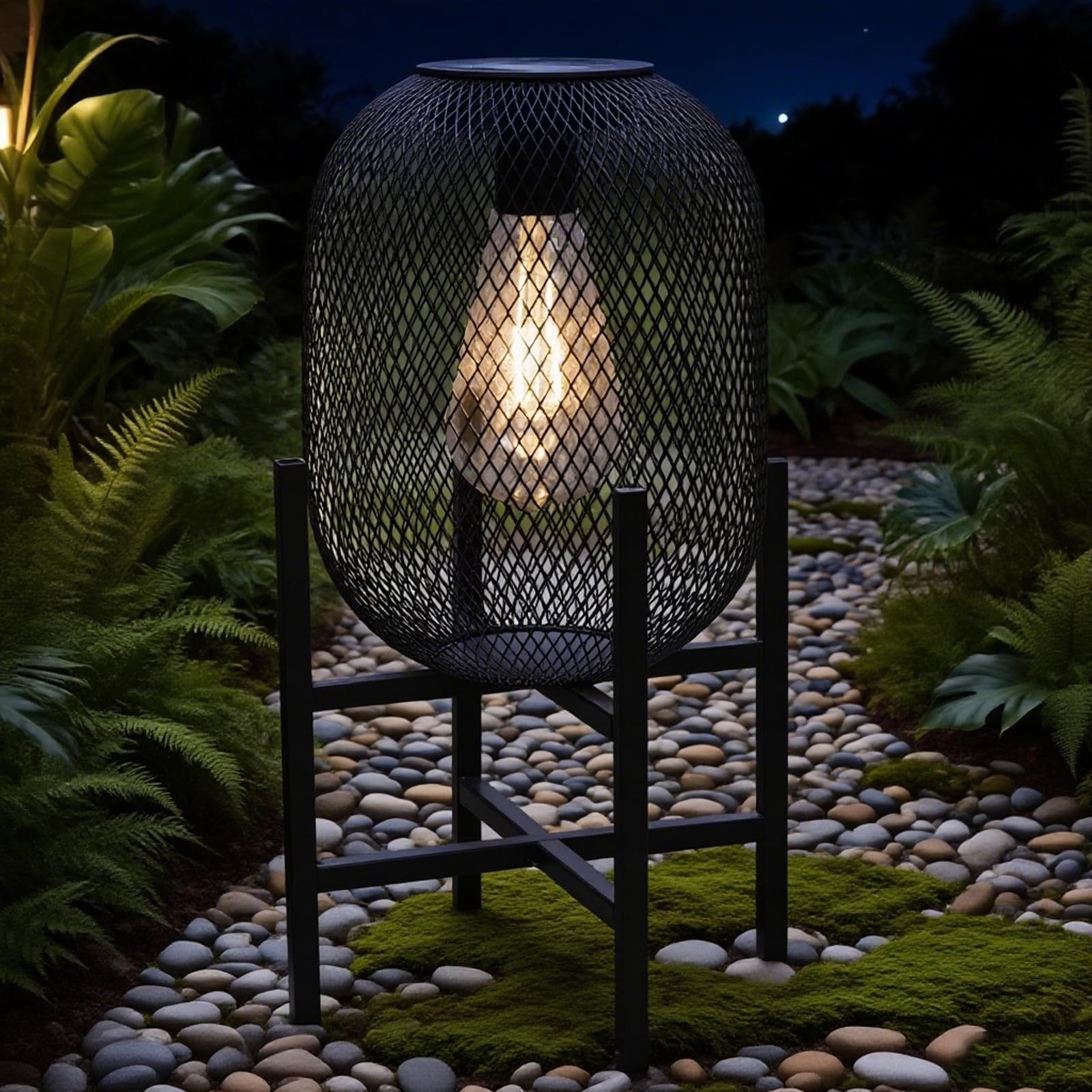 Solar Mesh Lantern Outdoor – 13.8" Tall Black Metal Patio Light with Edison G...