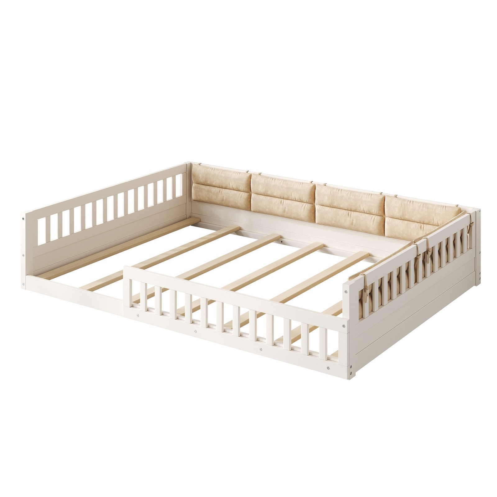 Full Size Upholstered Platform Bed with Guardrail & Pillow, Beige
