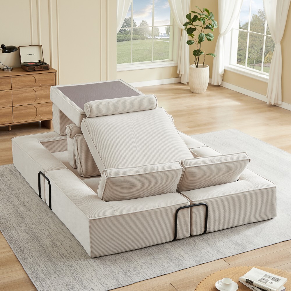 4-Seat Corduroy Modular Sectional Sofa Deep Seat Convertible Khaki Free Shipping