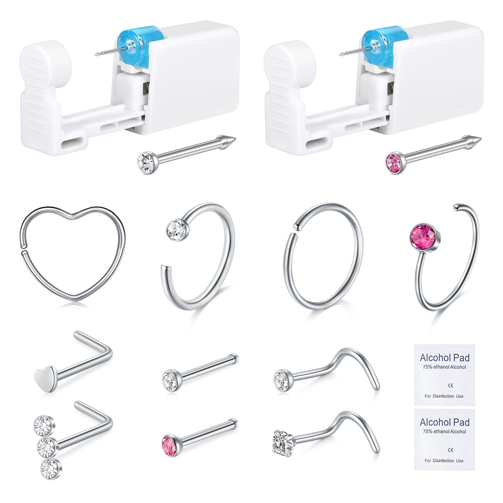 DJCIW 14PCS Nose Piercing Kit,Disposable Safe Sterile 14pcs-silvery