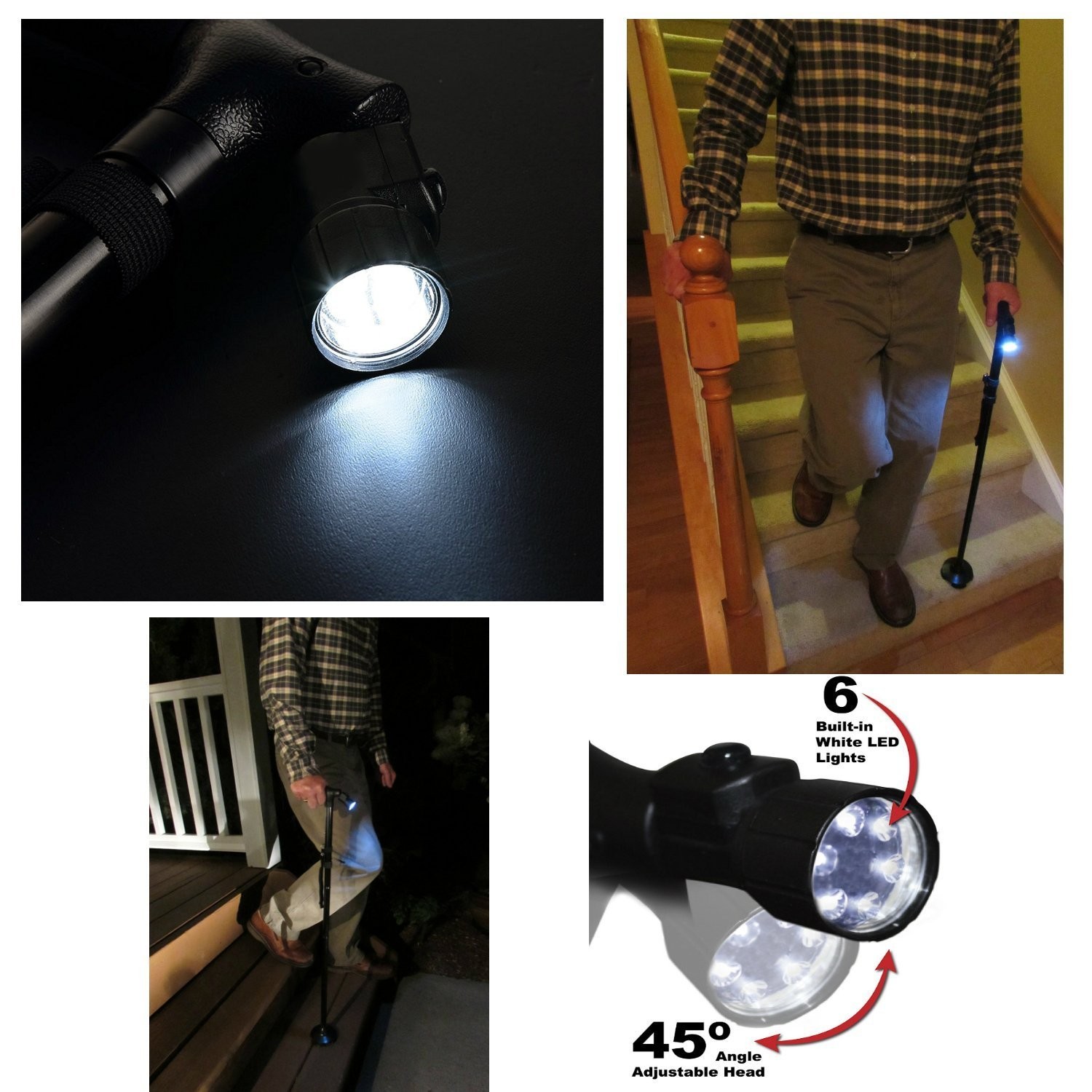 Folding Cane with LED Light, Adjustable Height 33-38" | Pivoting Quad Base for