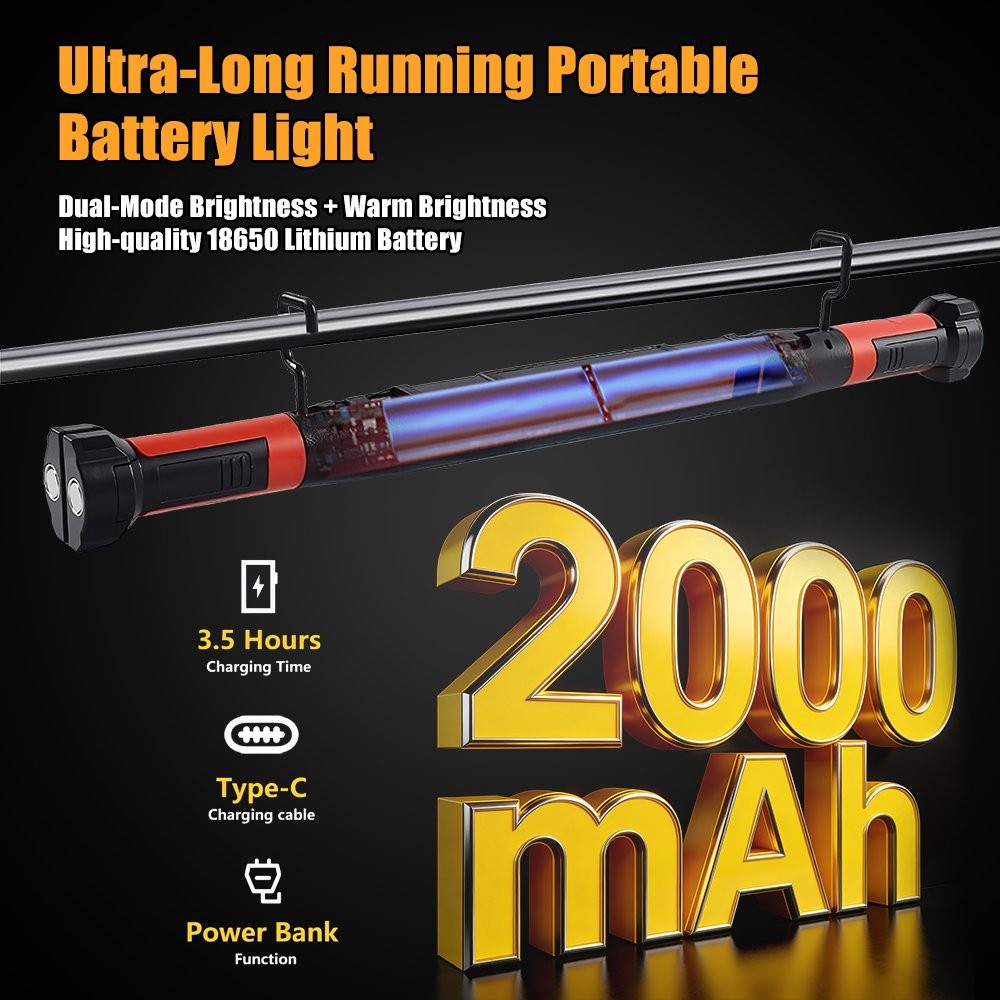 Under Hood Work Light Bar 3000LM LED Magnetic Light Bar with Hooks Rechargeable
