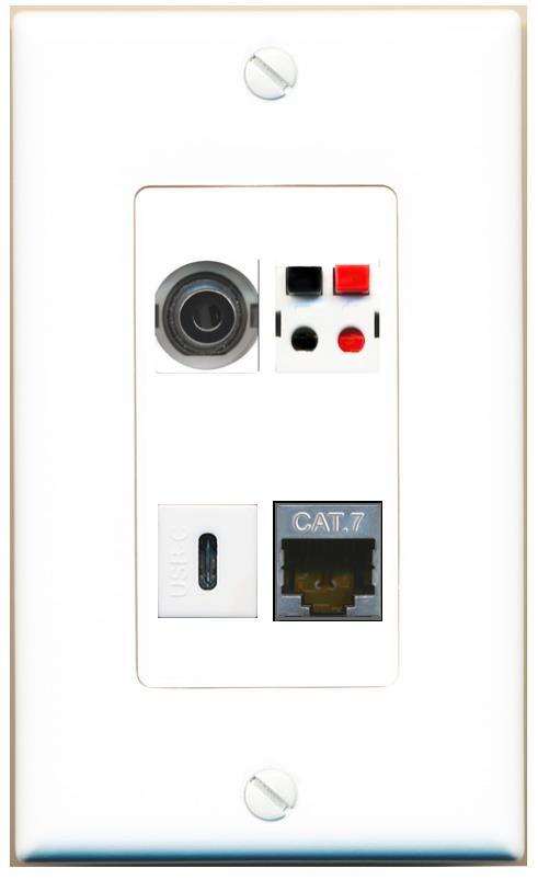 [4 Ports] 3-5MM CAT7 SPEAKER USBC Wall Plate DecorZ White