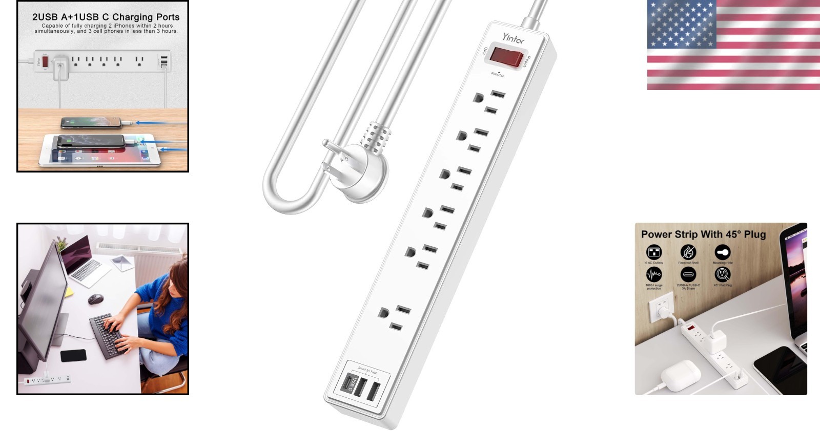 Listed 6 Ft Surge Protector with 6 AC Outlets & Smart USB Charging – White