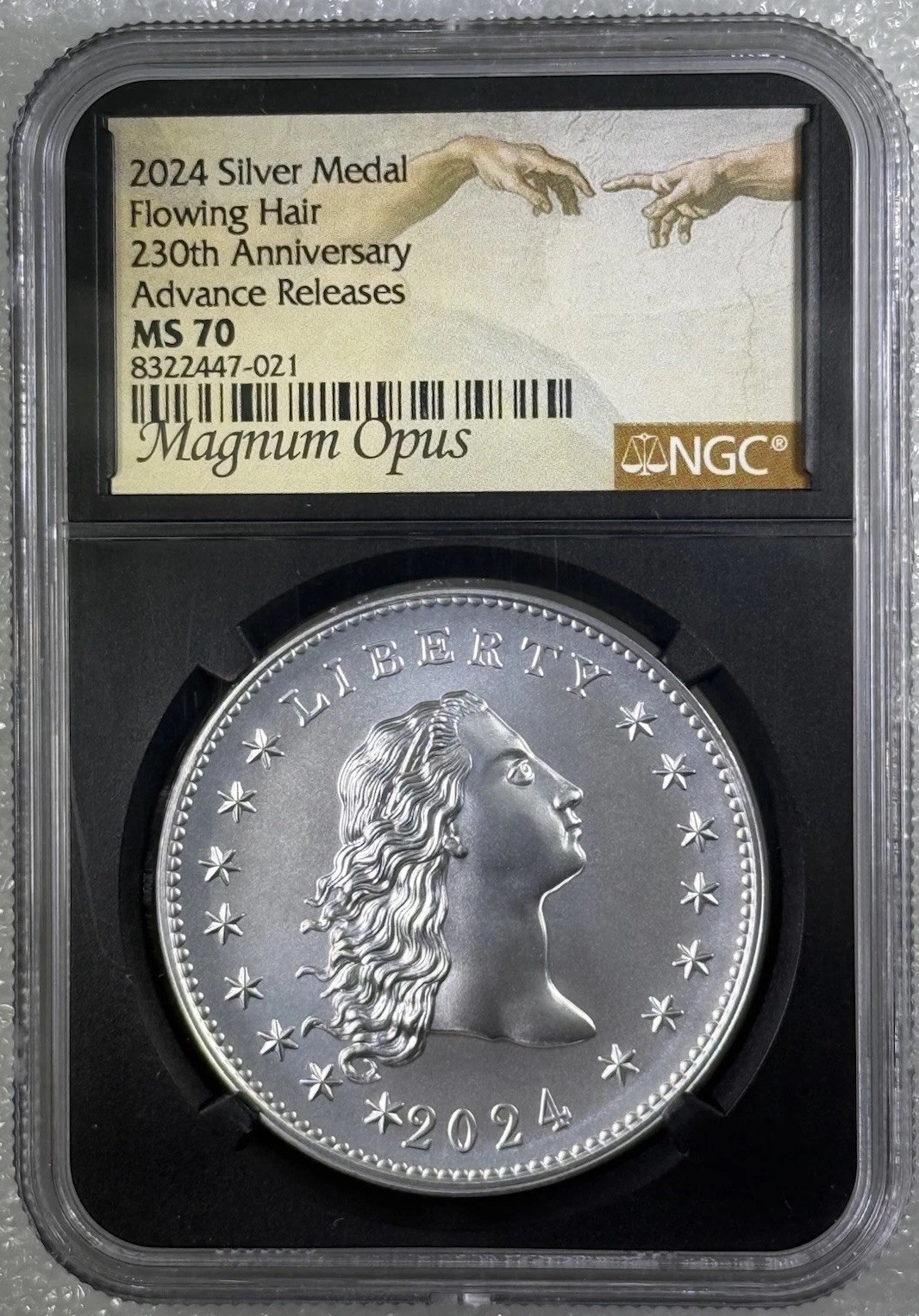 2024 FLOWING HAIR SILVER LIBERTY MEDAL NGC MS70 ADVANCE RELEASES MAGNUM OPUS